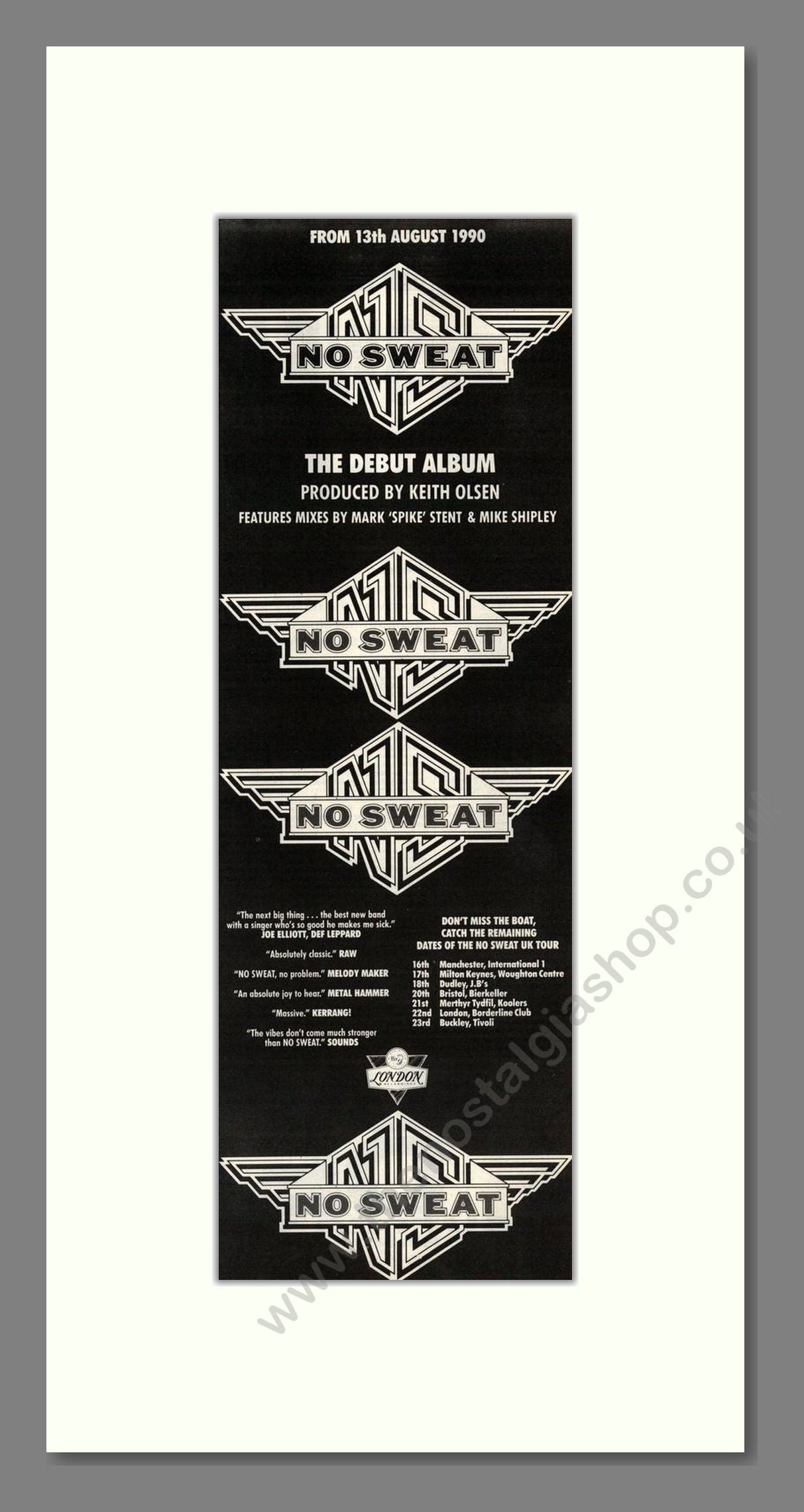 No Sweat - Debut Album. Vintage Advert 1990 (ref AD201790)