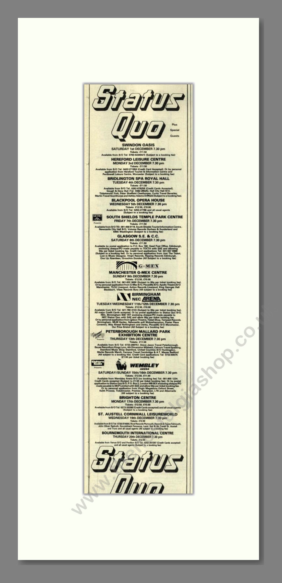 Status Quo - UK Tour. Vintage Advert 1990 (ref AD201819)