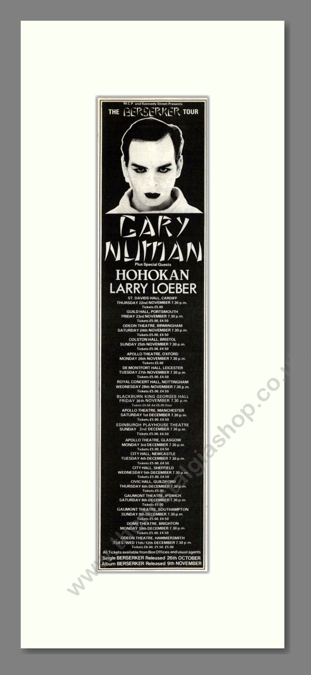 Gary Numan - UK Tour. Vintage Advert 1984 (ref AD201926)