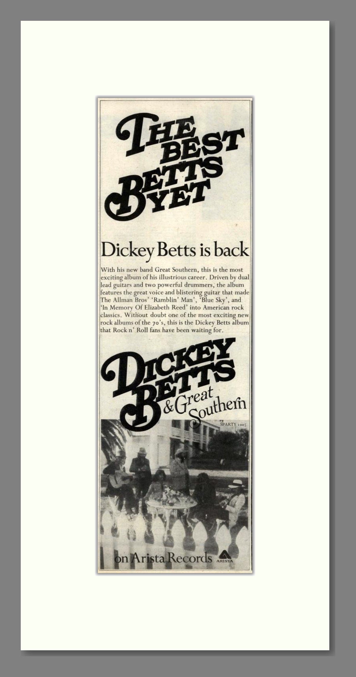 Dickey Betts - The Best Betts Yet. Vintage Advert 1977 (ref AD201956)