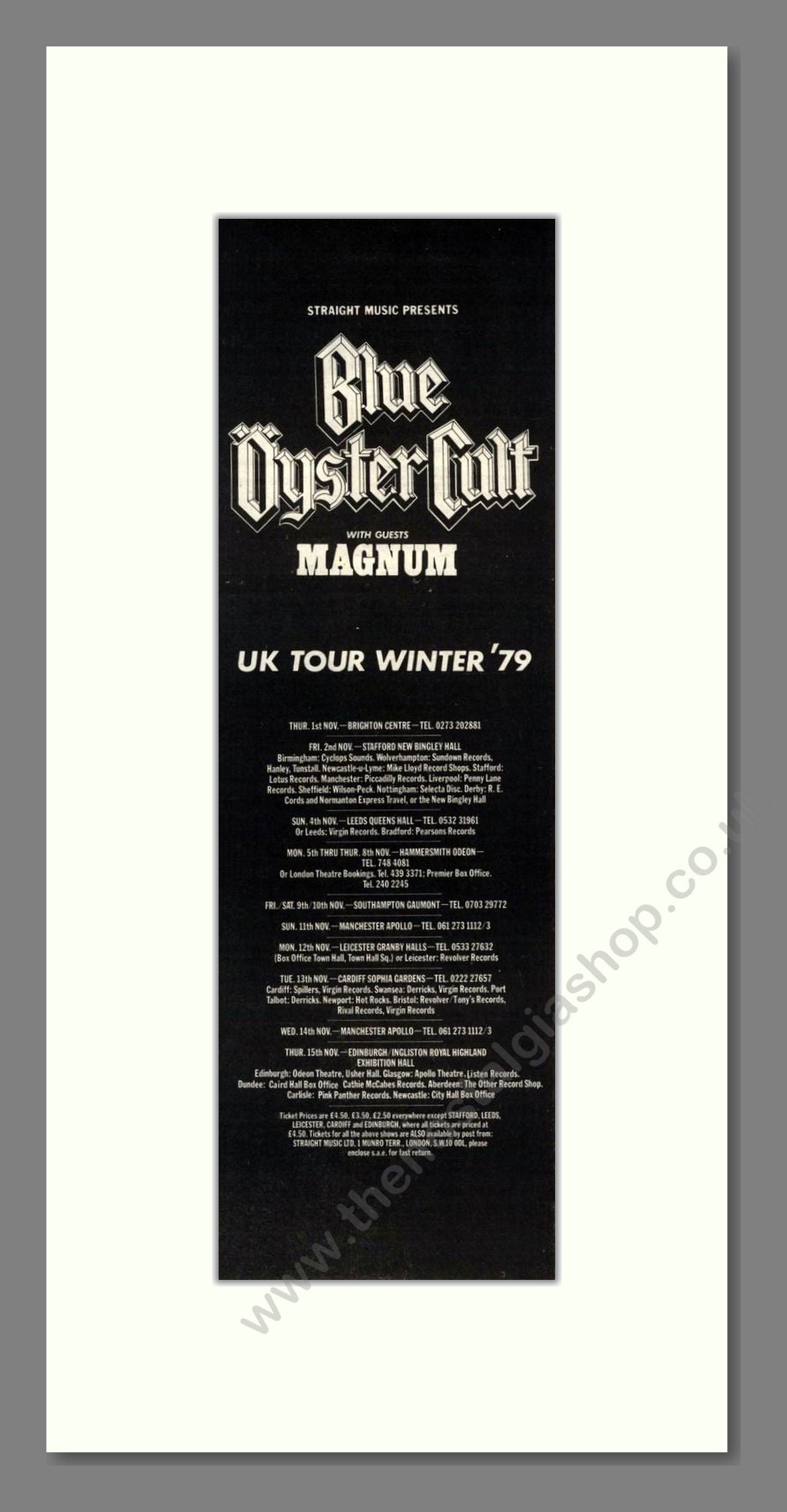 Blue Oyster Cult - UK Tour. Vintage Advert 1979 (ref AD201973)