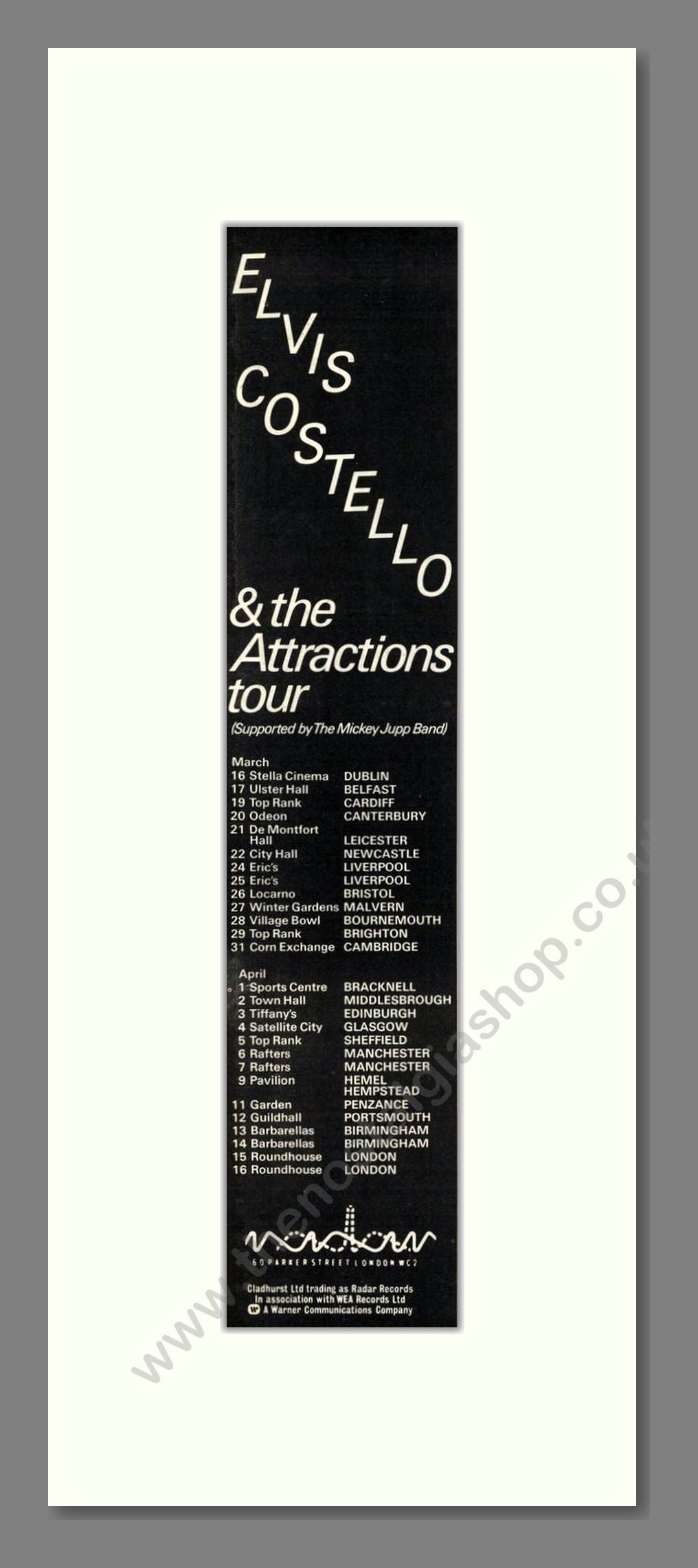 Elvis Costello - UK Tour. Vintage Advert 1978 (ref AD202000)