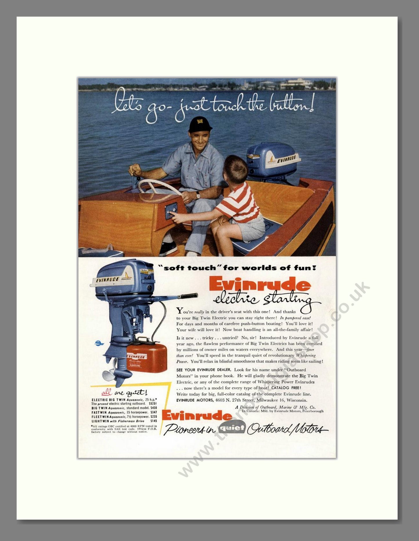 Evinrude - Electric Starting Outboard Motor. Vintage Advert 1955 (ref AD68053)