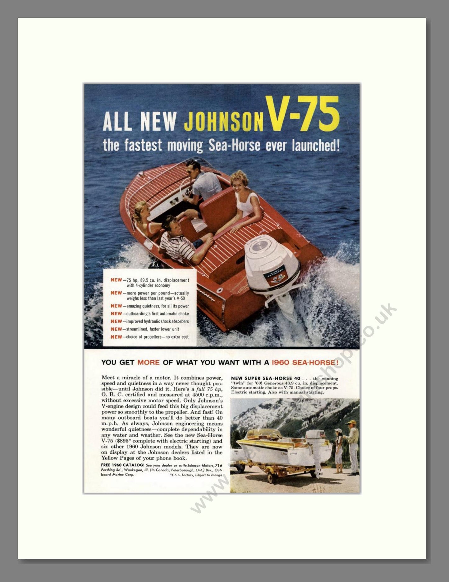 Johnson - V-75 Sea Horse Outboard Motor. Vintage Advert 1959 (ref AD68080)