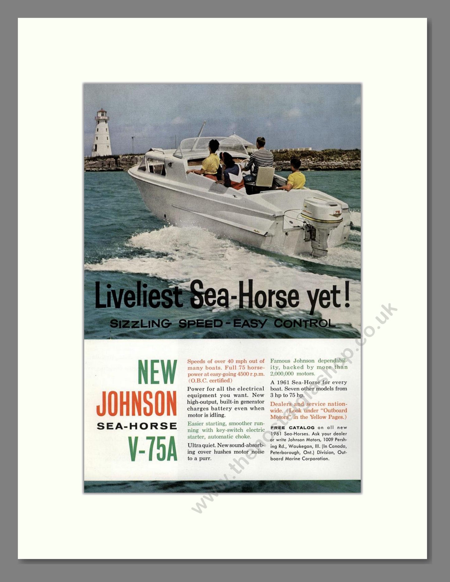 Johnson - V-75 Sea Horse Outboard Motor. Vintage Advert 1960 (ref AD68099)