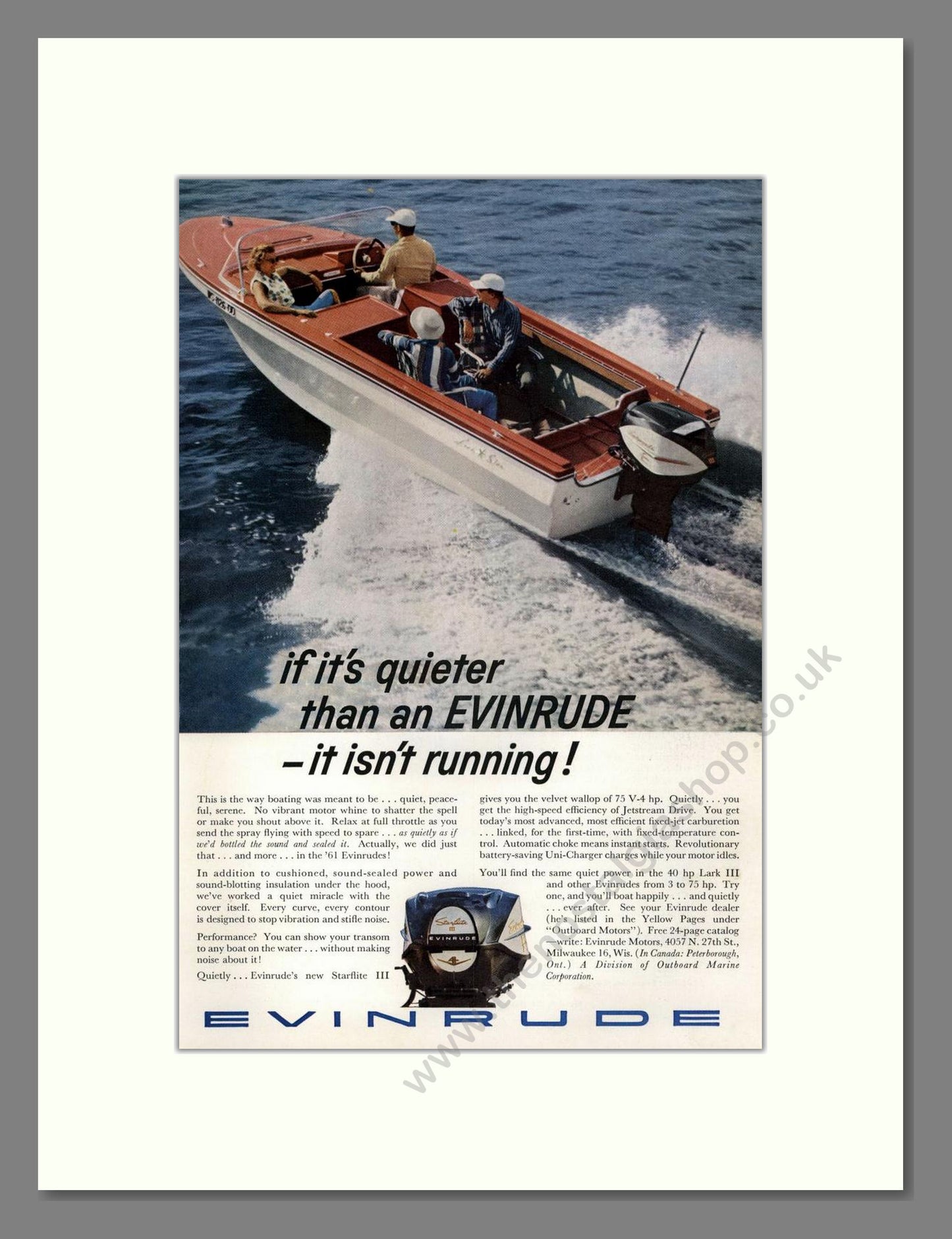 Evinrude - Quiet Outboard Motor. Vintage Advert 1961 (ref AD68105)