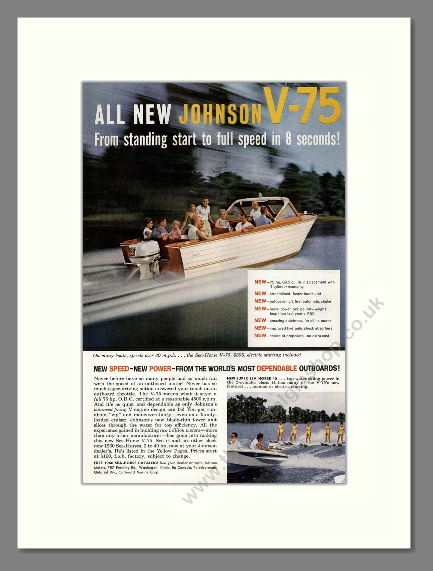 Johnson - V-75 Sea Horse Outboard Motor. Vintage Advert 1960 (ref AD68109)