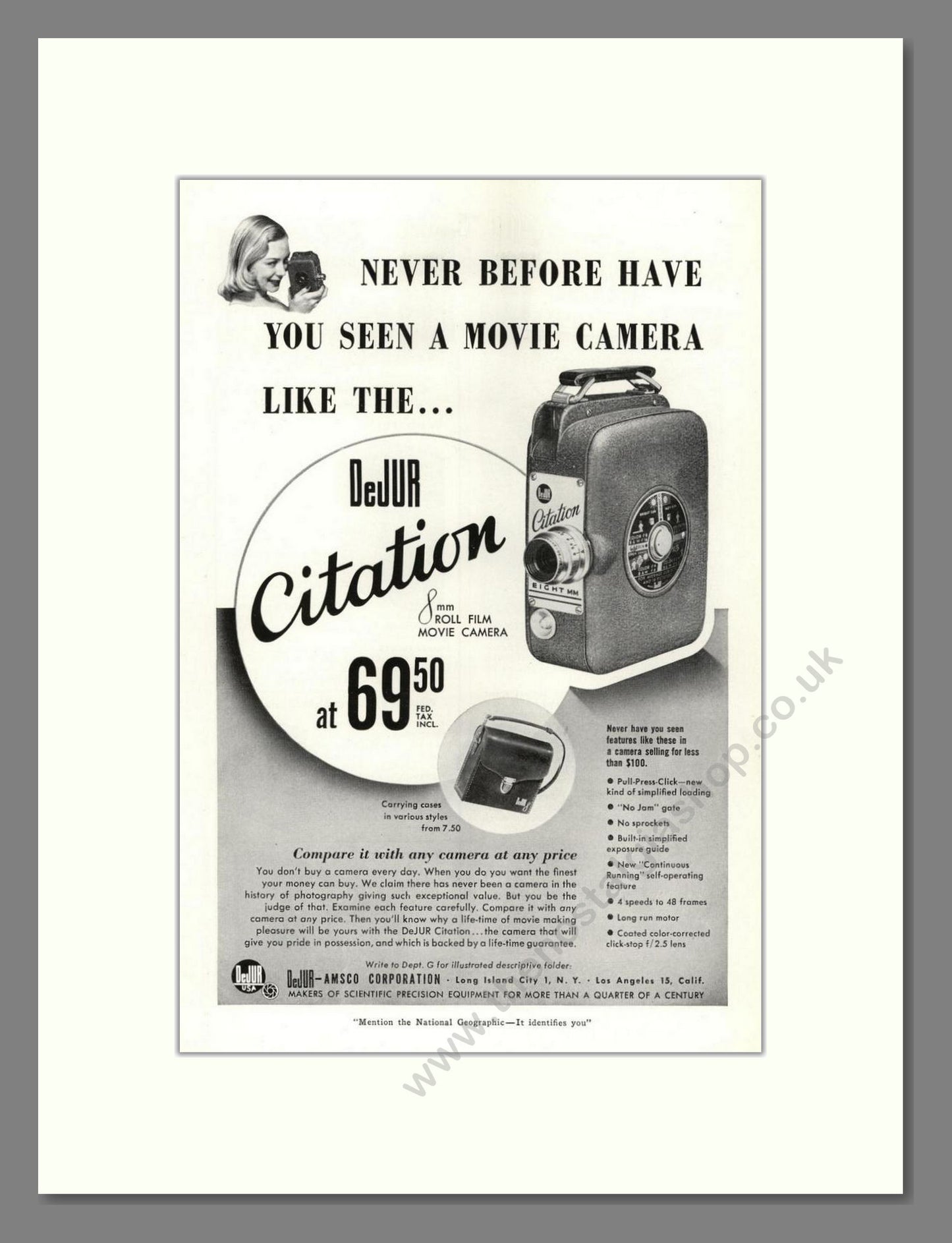 Dejur - Citation Movie Camera. Vintage Advert 1950 (ref AD68234)