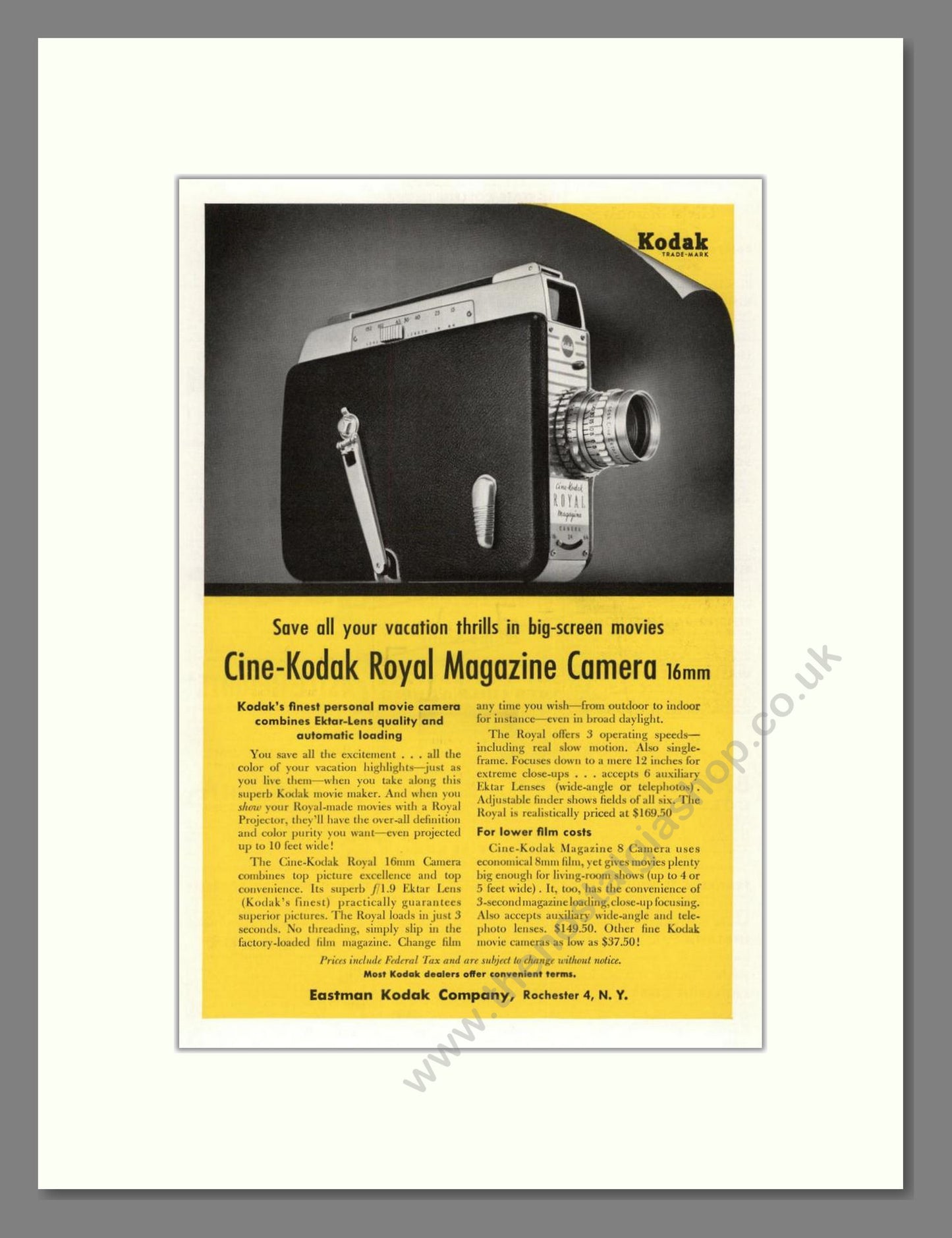 Kodak - Cine-Kodak Royal Magazine Camera. Vintage Advert 1955 (ref AD68291)