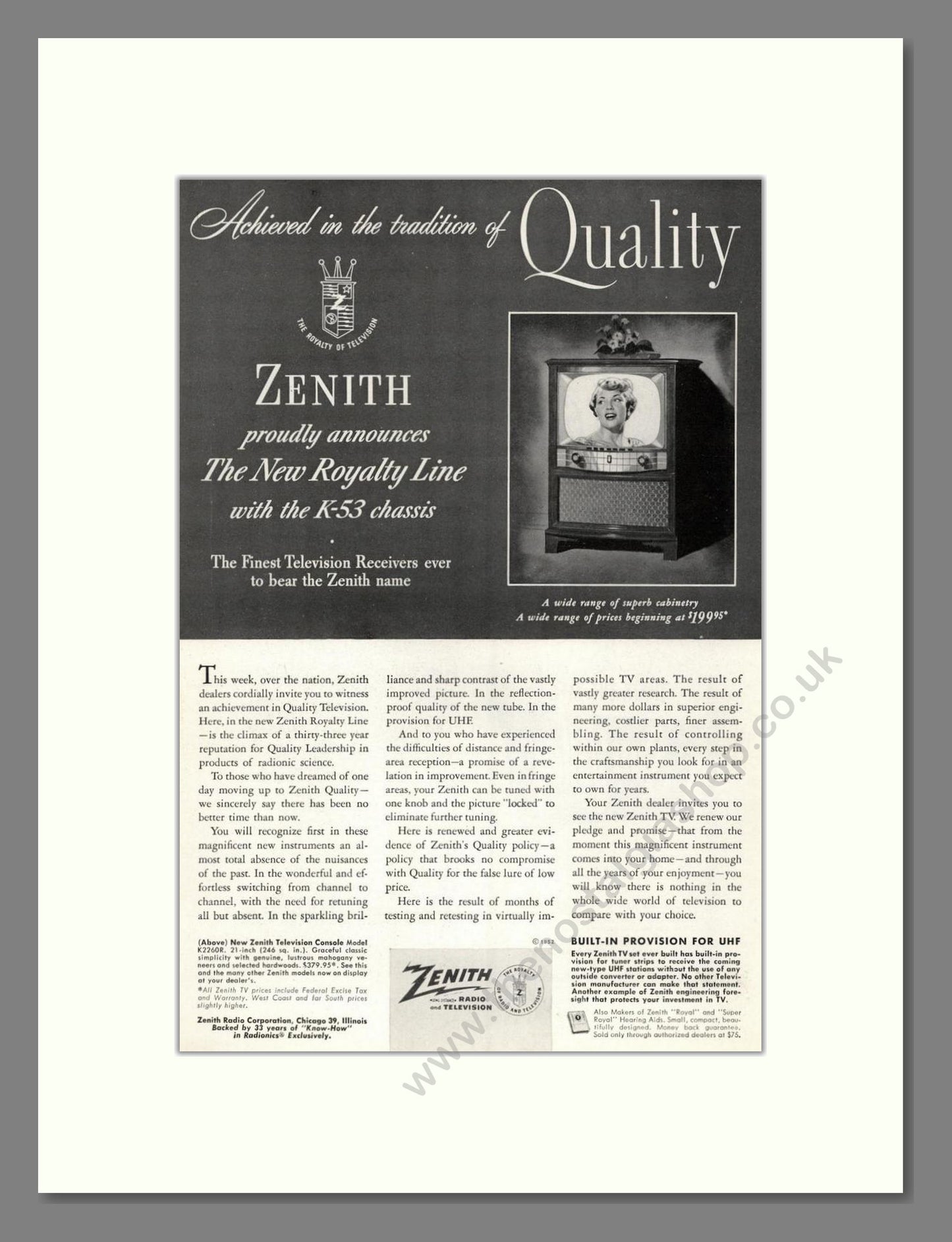 Zenith - Royalty TV. Vintage Advert 1952 (ref AD68490)