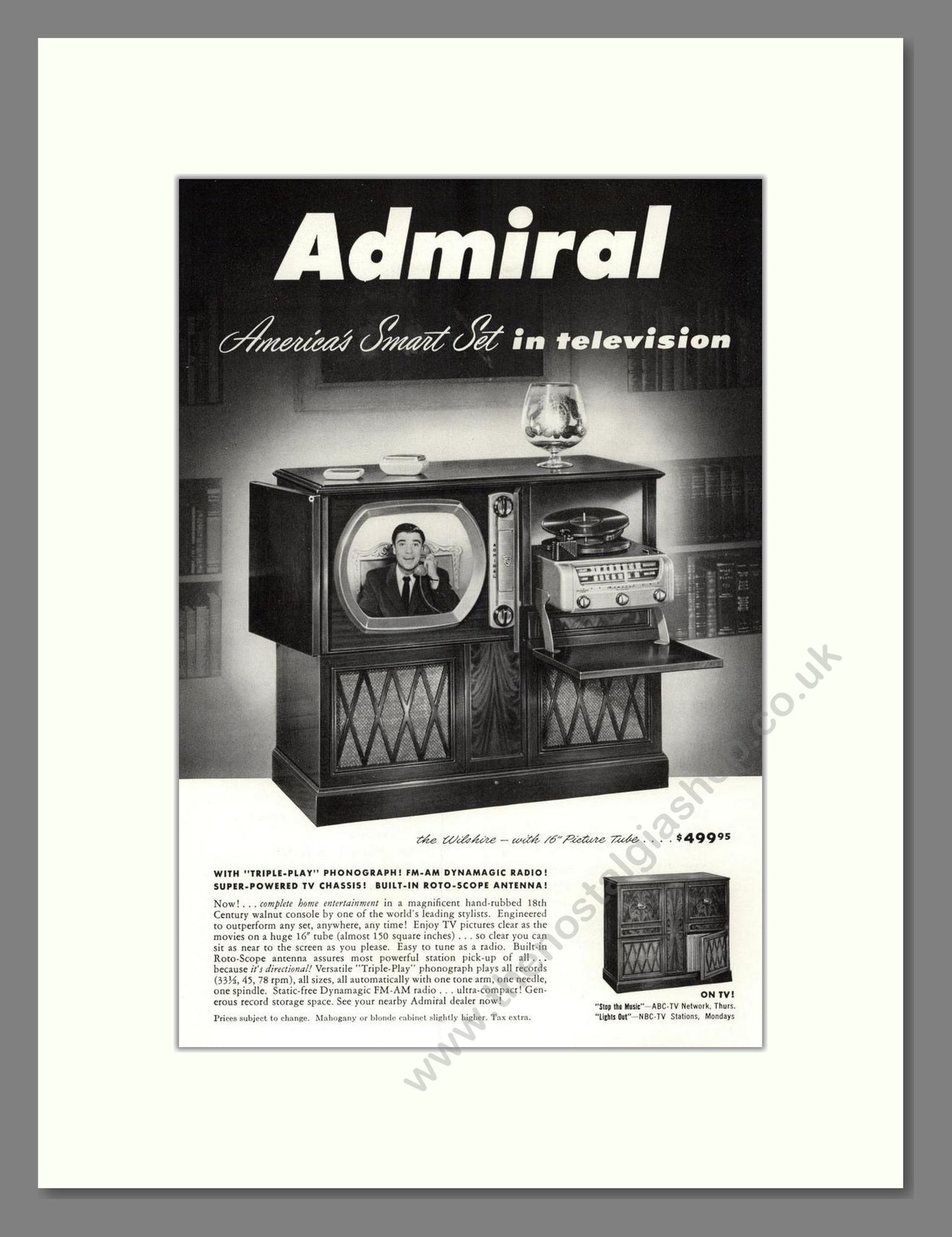 Admiral - 16 Inch TV With Phonograph. Vintage Advert 1950 (ref AD68501)