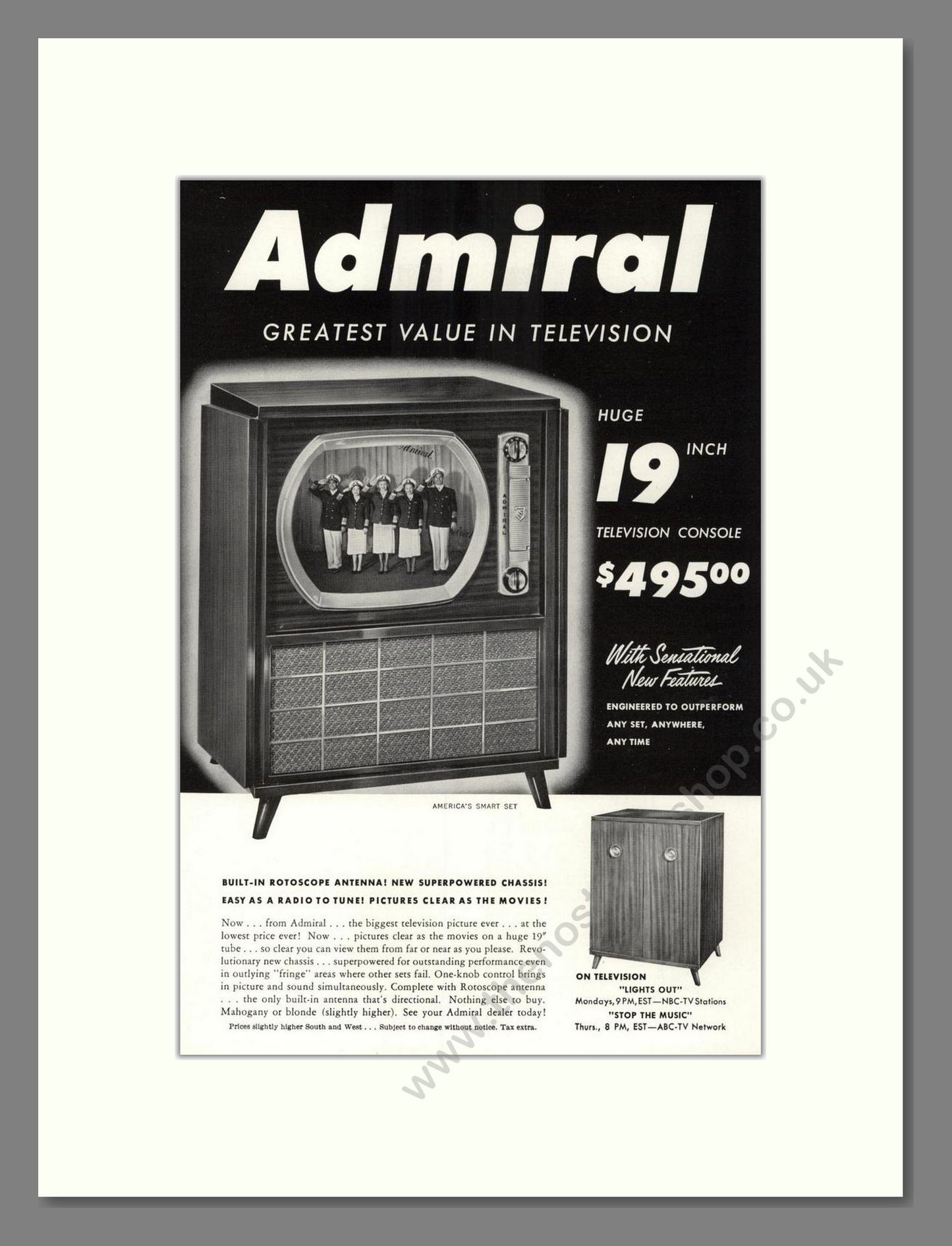 Admiral - 19 Inch TV. Vintage Advert 1950 (ref AD68504)