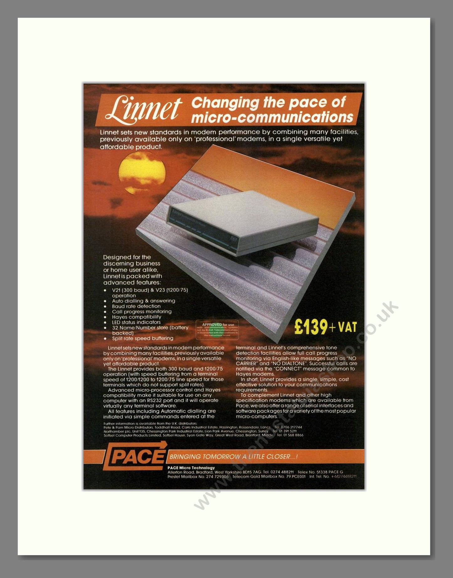 Pace - Linnet Modem. Vintage Advert 1987 (ref AD68673)