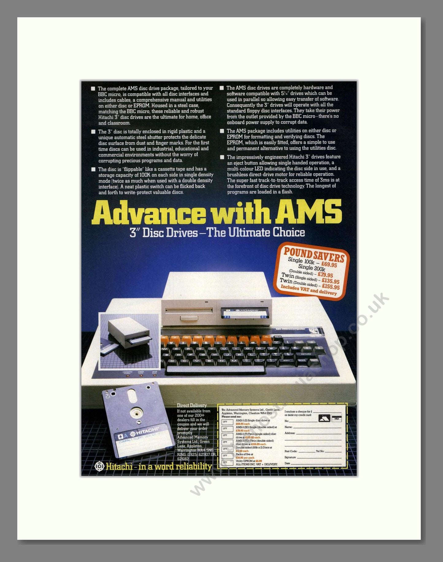 AMS - 3 Inch Disc Drives For BBC Micro. Vintage Advert 1985 (ref AD68690)