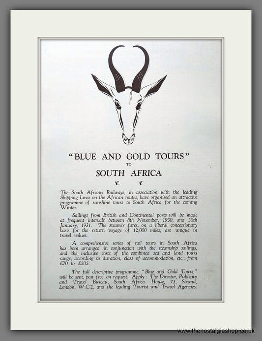 South Africa. Blue and Gold Tours. Set of 3 Original Adverts 1930 (ref AD301414)