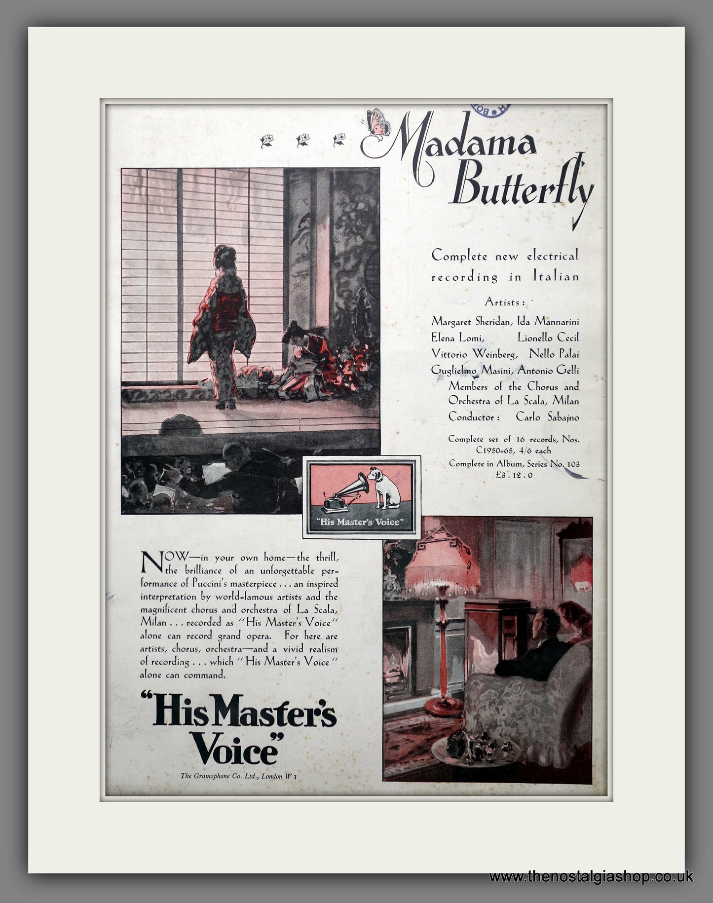 His Master's Voice. Gramophones. Madama Butterfly. Original Advert 1930 (ref AD301428)