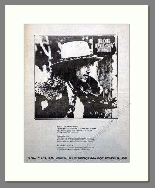 Bob Dylan, Desire. Large Original Advert 1976 (ref AD15700)