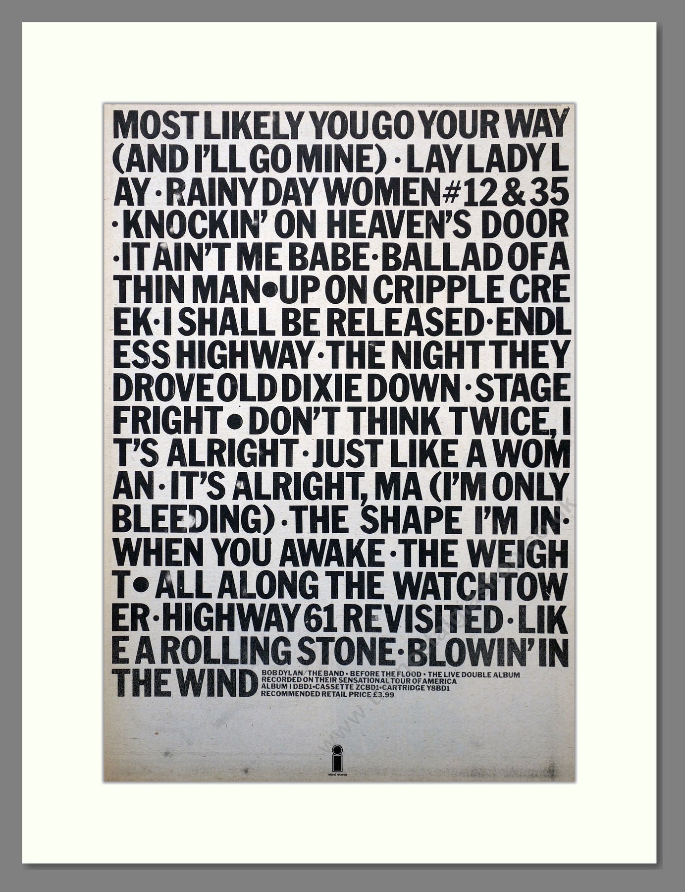 Bob Dylan, Before The Flood. Large Original Advert 1974 (ref AD15696)