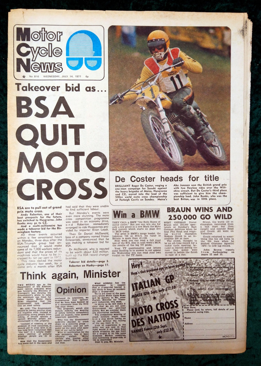 Motor Cycle News Paper. Lot of 3 from 1971. (XLM011)