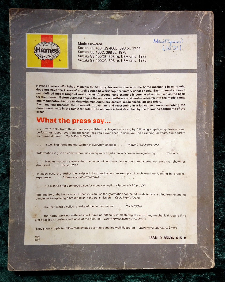 Suzuki GS400 Twins 1976 on. Haynes Owners Manual. (ref b221)