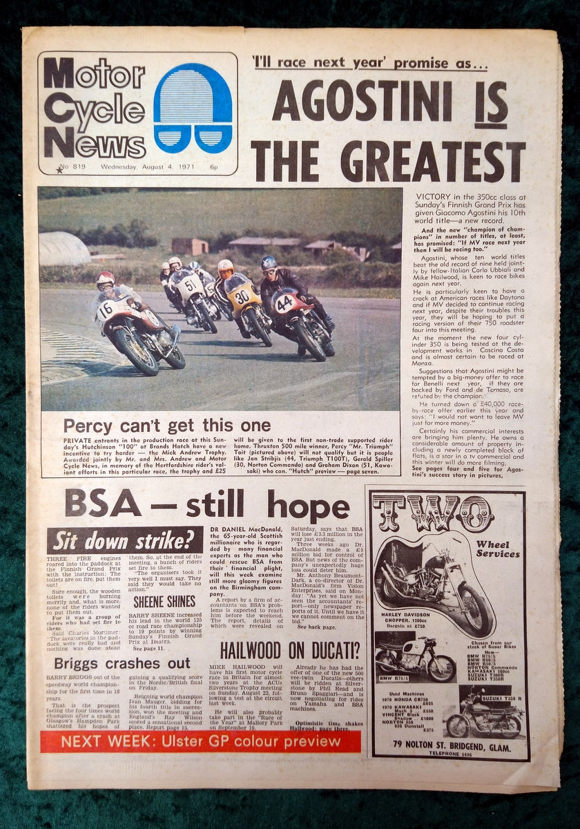 Motor Cycle News Paper. August 4th 1971. Agostini (XLM018)