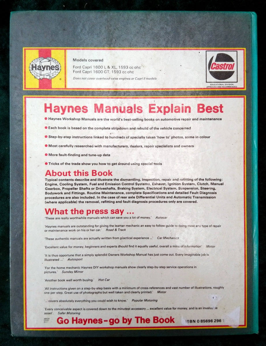 Ford Capri 1600 ohc, 1972 to 1974 Haynes Manual. 1977 (ref b237)