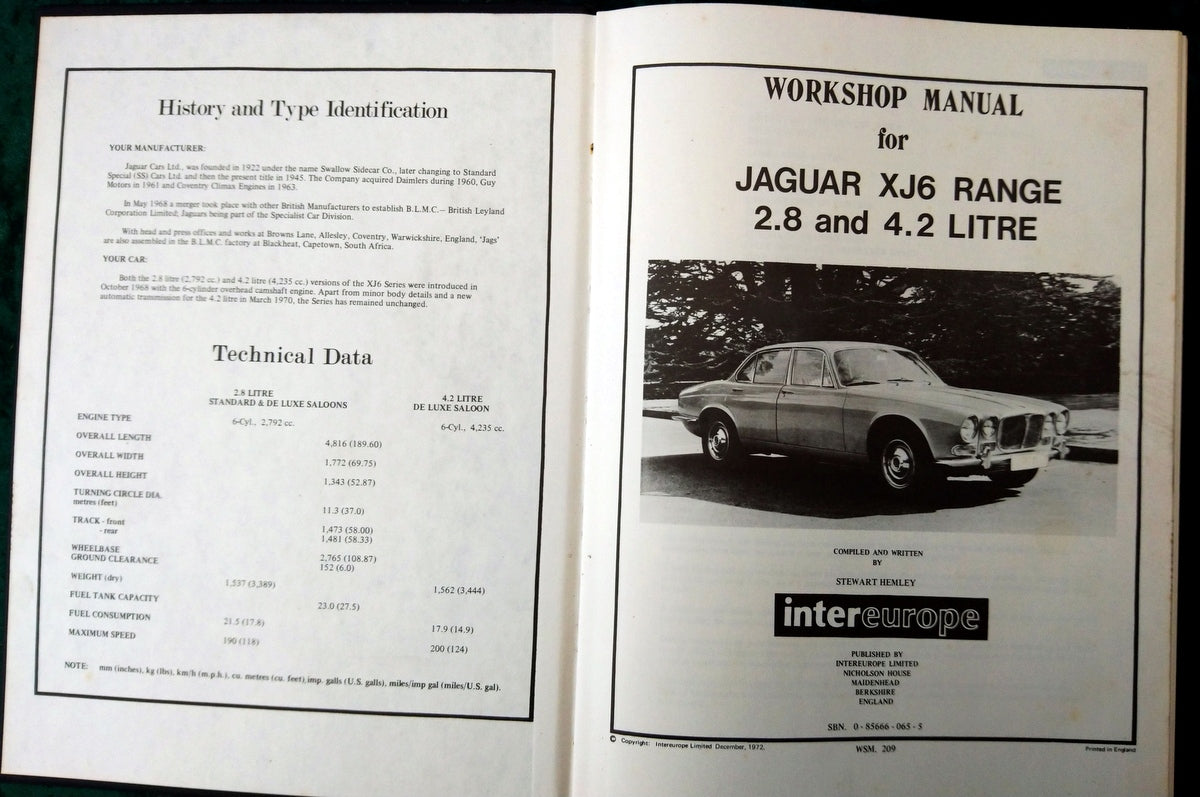 Jaguar XJ6 Daimler Sovereign. From 1968 Workshop Manual. (ref b241)