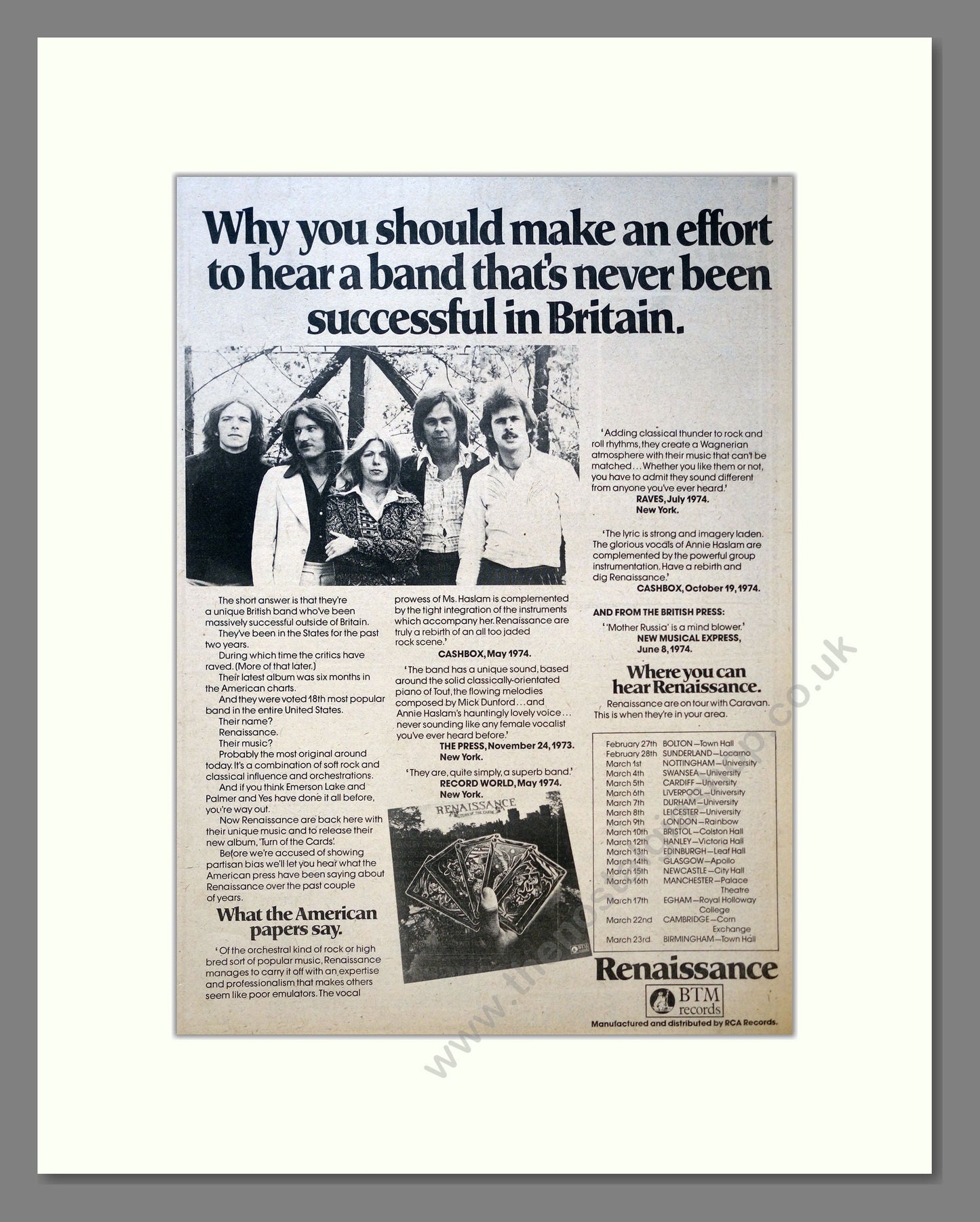 Renaissance - UK Tour. Vintage Advert 1975 (ref AD18167)