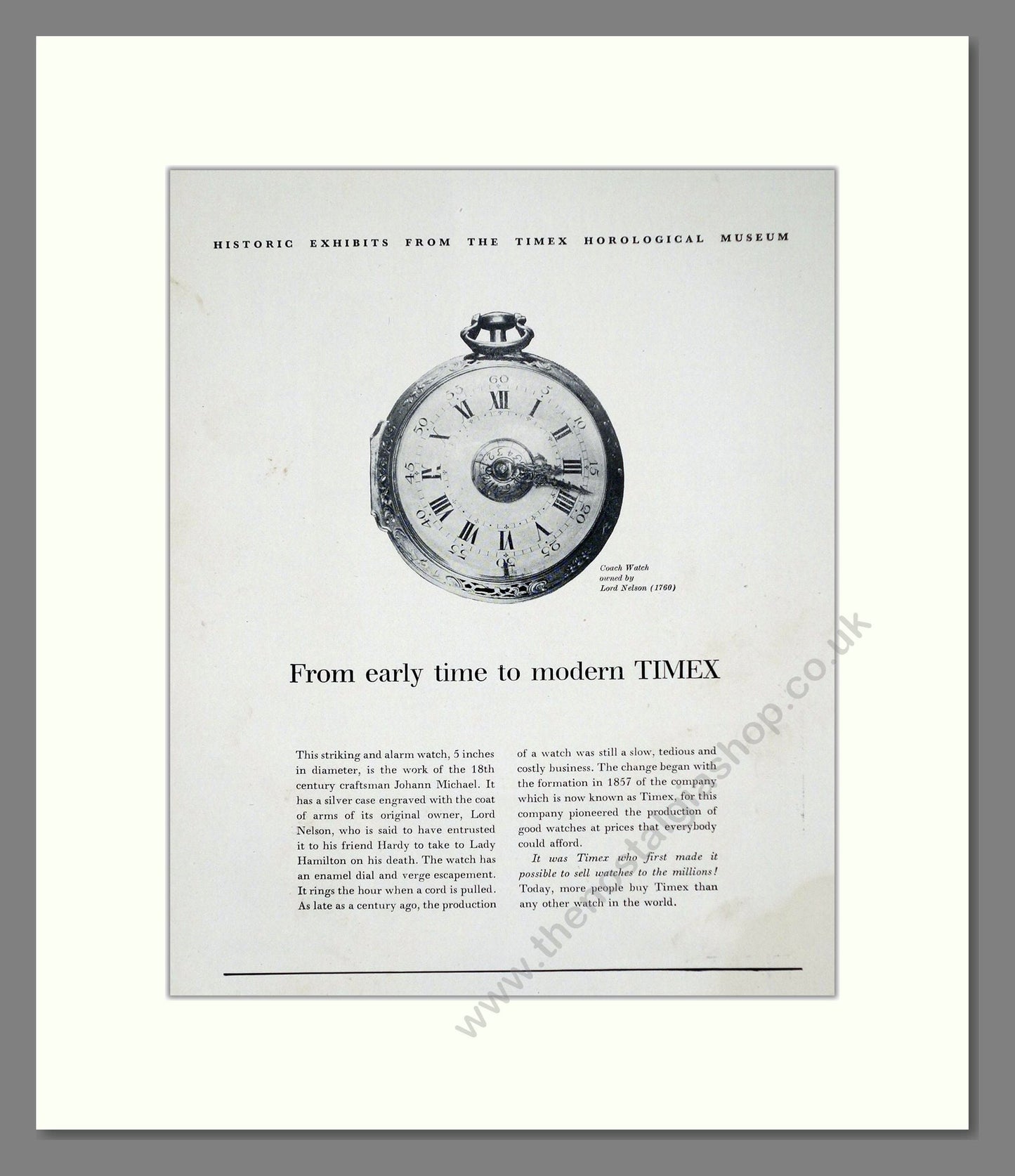 Timex - Nelson Coach Watch. Vintage Advert 1957 (ref AD62311)