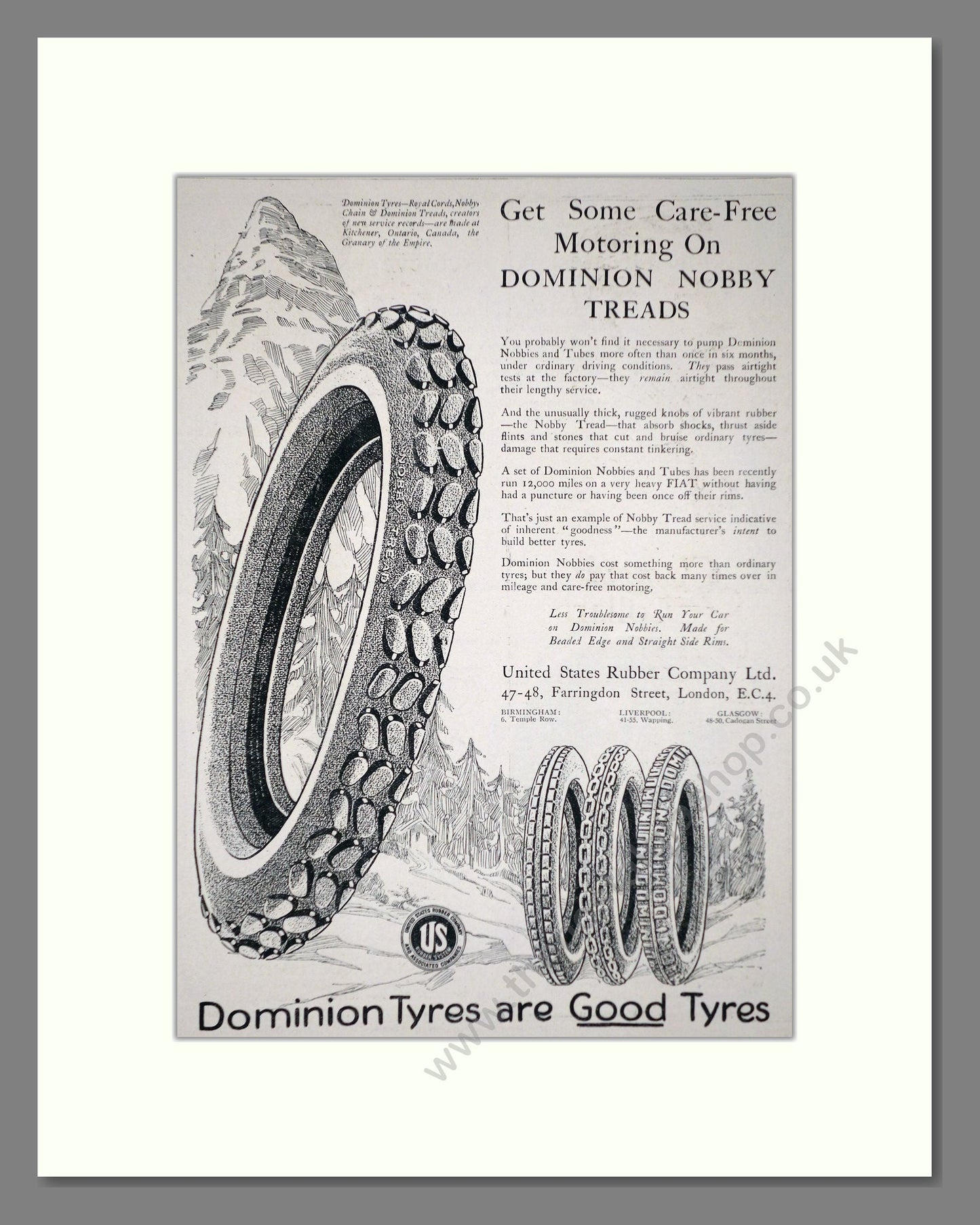 Dominion - Nobby Tread Tyres. Vintage Advert 1920 (ref AD62646)