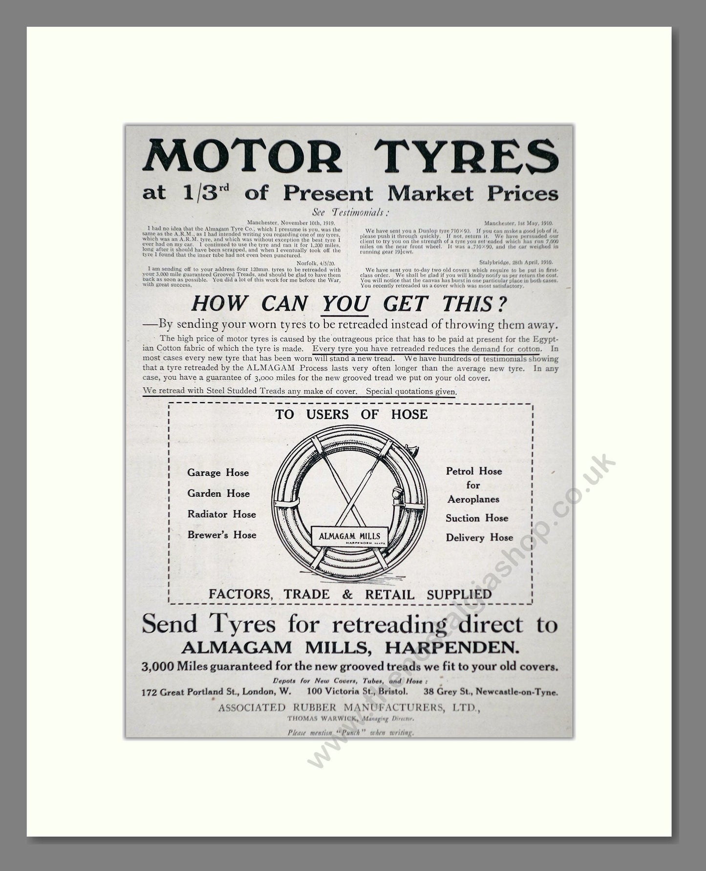 Associated Rubber Manufacturers - Retread Tyres. Vintage Advert 1920 (ref AD62648)