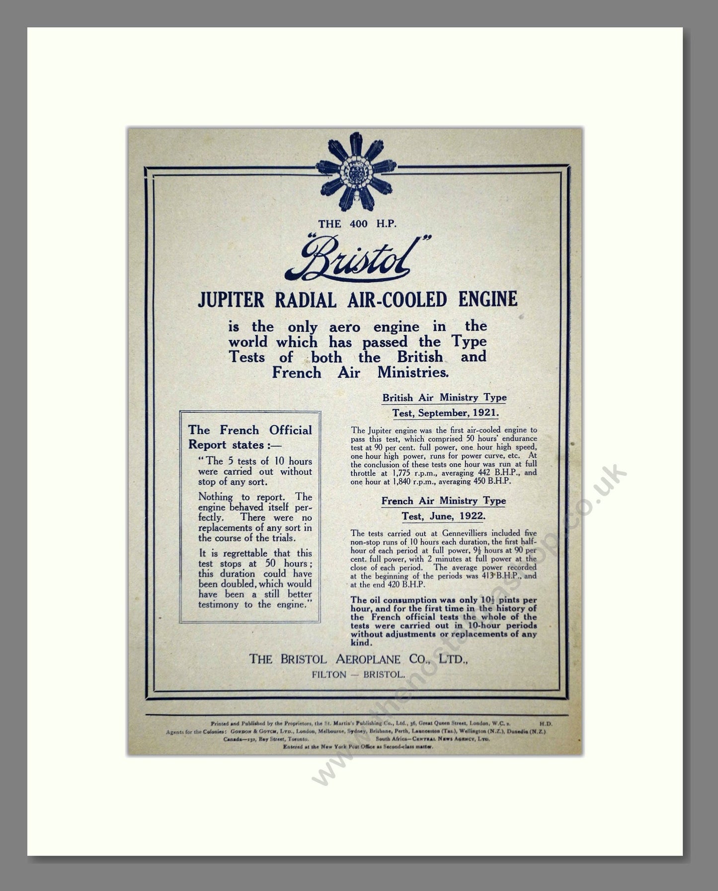 Bristol - Jupiter Aircooled Engine. Vintage Advert 1922 (ref AD62670)