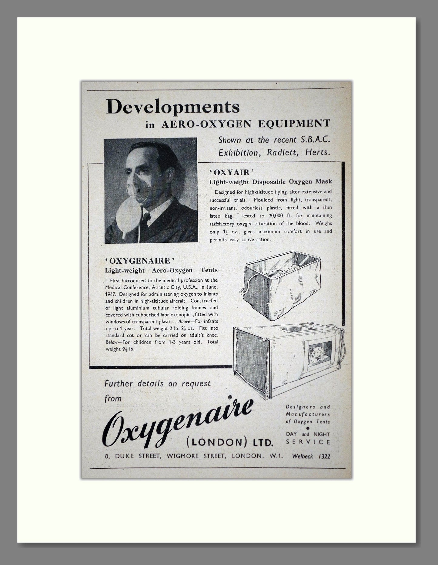 Oxygenaire - Oxygen Masks and Tents. Vintage Advert 1947 (ref AD62827)