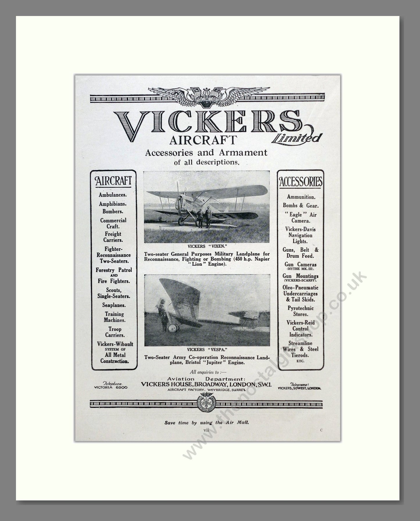 Vickers - Vixen / Vespa. Vintage Advert 1928 (ref AD62915)