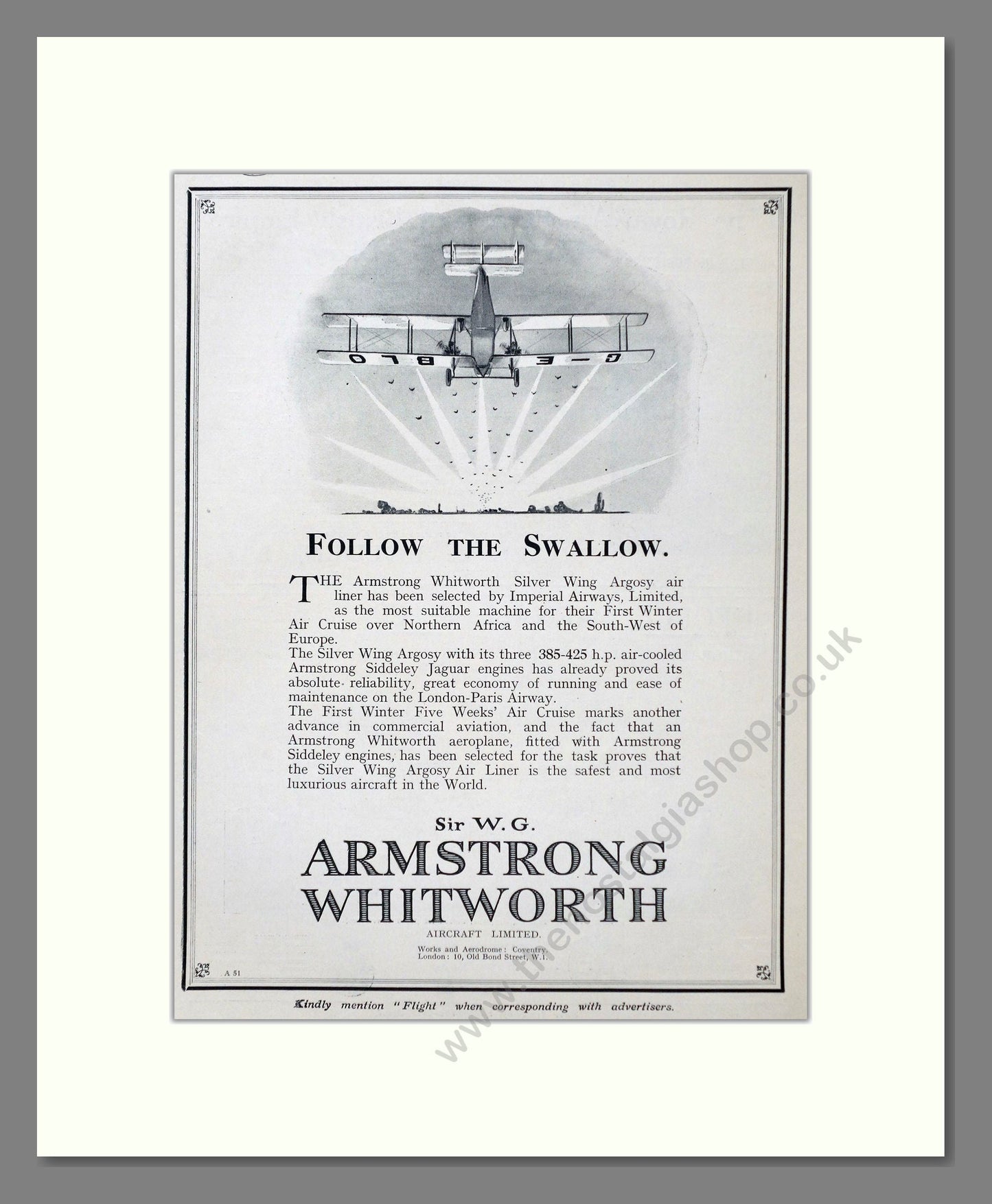 Armstrong Whitworth - Swallow. Vintage Advert 1927 (ref AD63007)