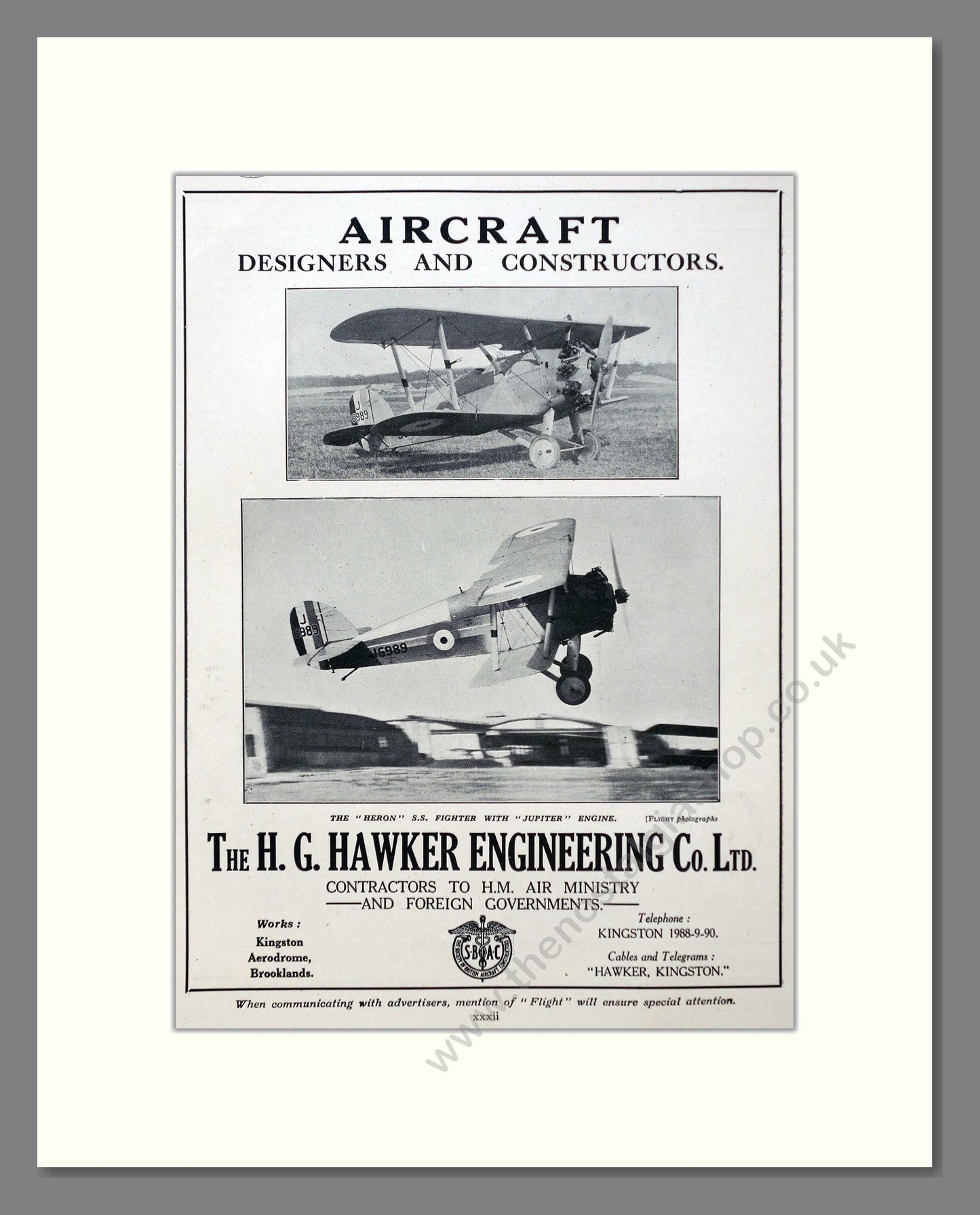 Hawker - Aircraft Designers. Vintage Advert 1926 (ref AD63027)