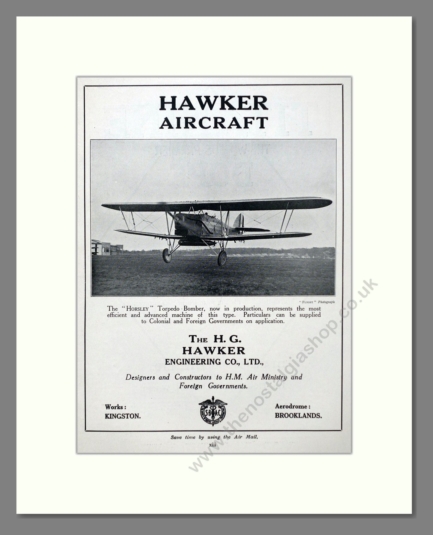 Hawker - Aircraft Designers. Vintage Advert 1927 (ref AD63028)