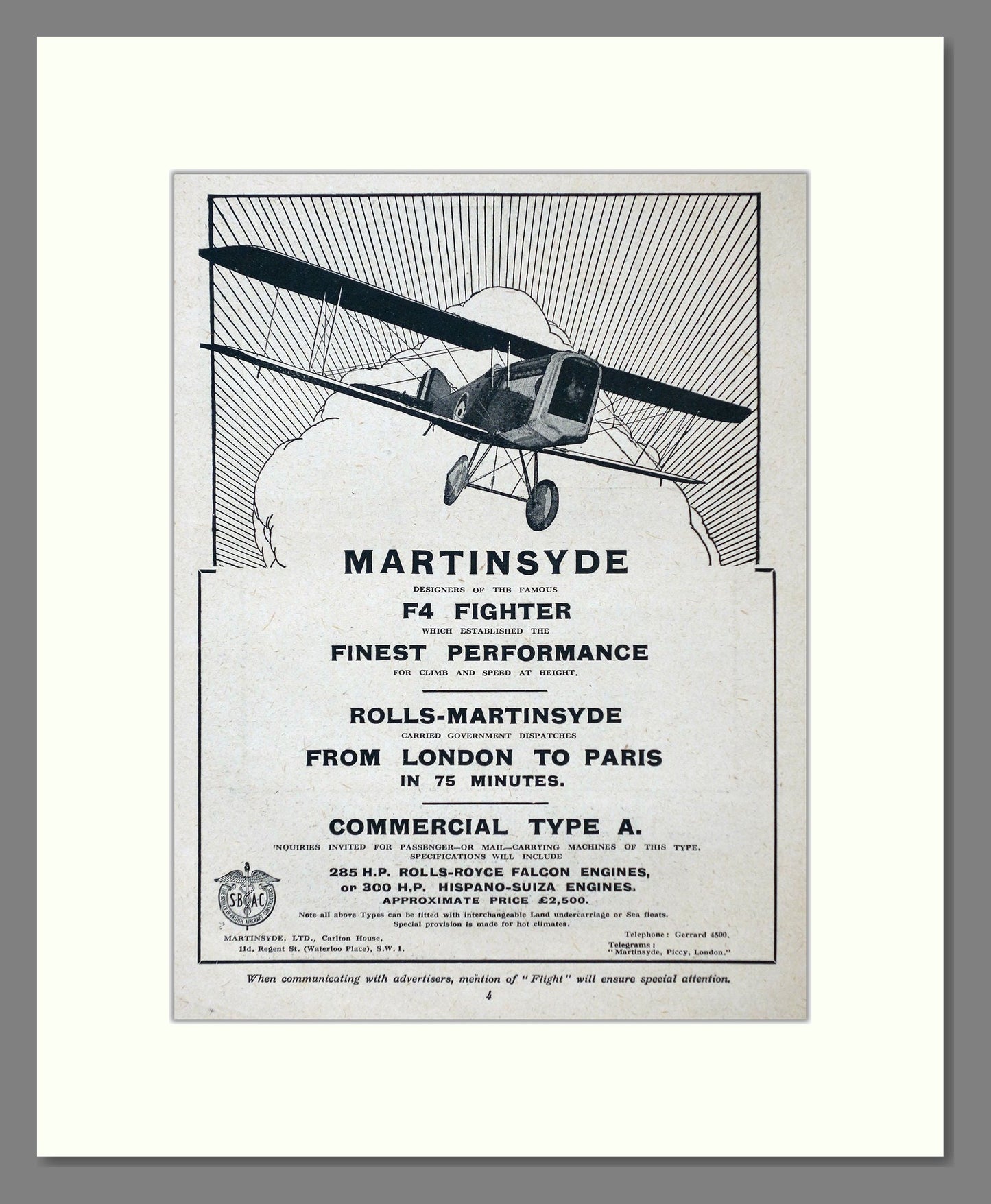 Martinsyde - F4 Fighter. Vintage Advert 1920 (ref AD63036)