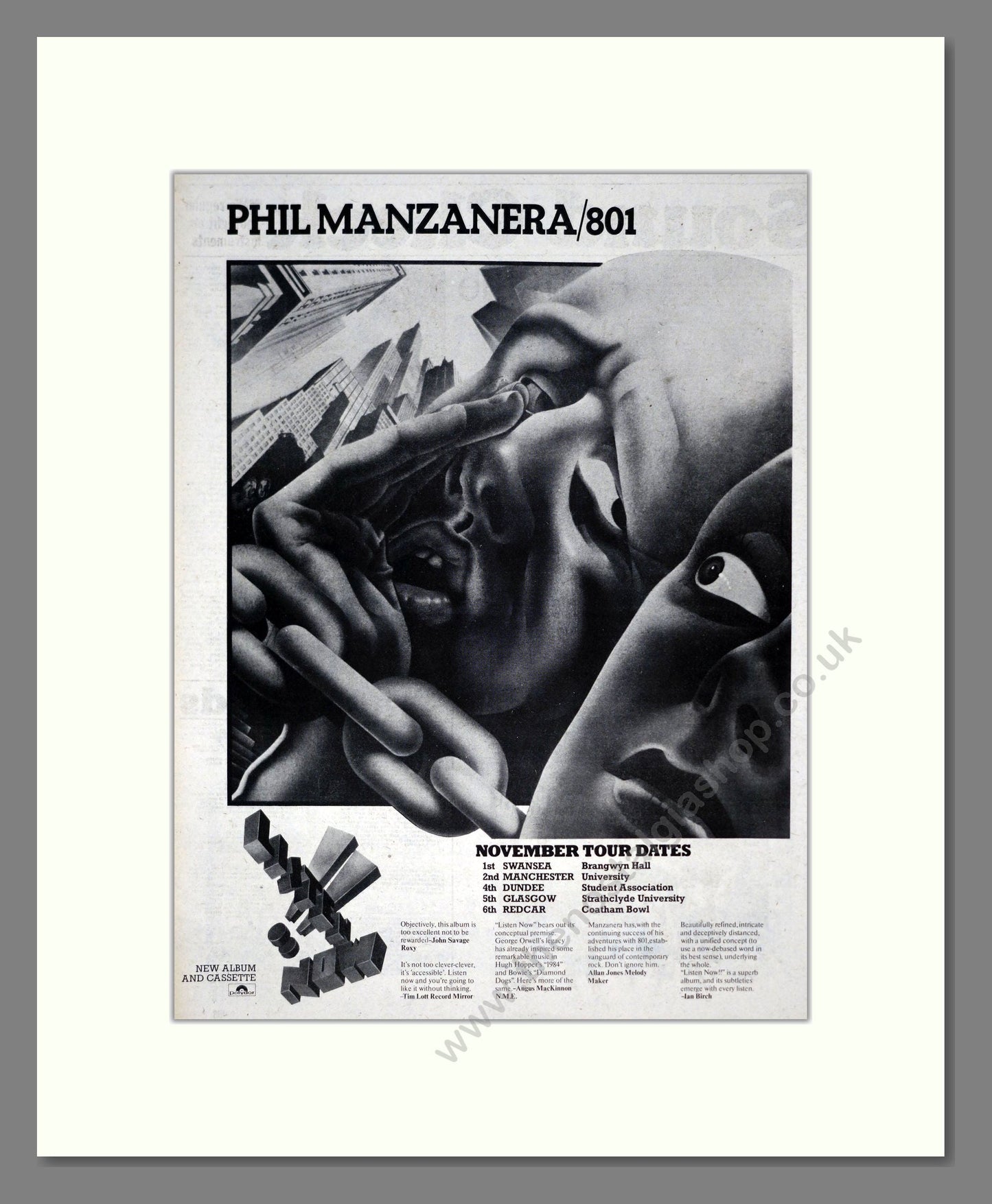 Phil Manzanera - 801 UK Tour. Vintage Advert 1977 (ref AD19074)