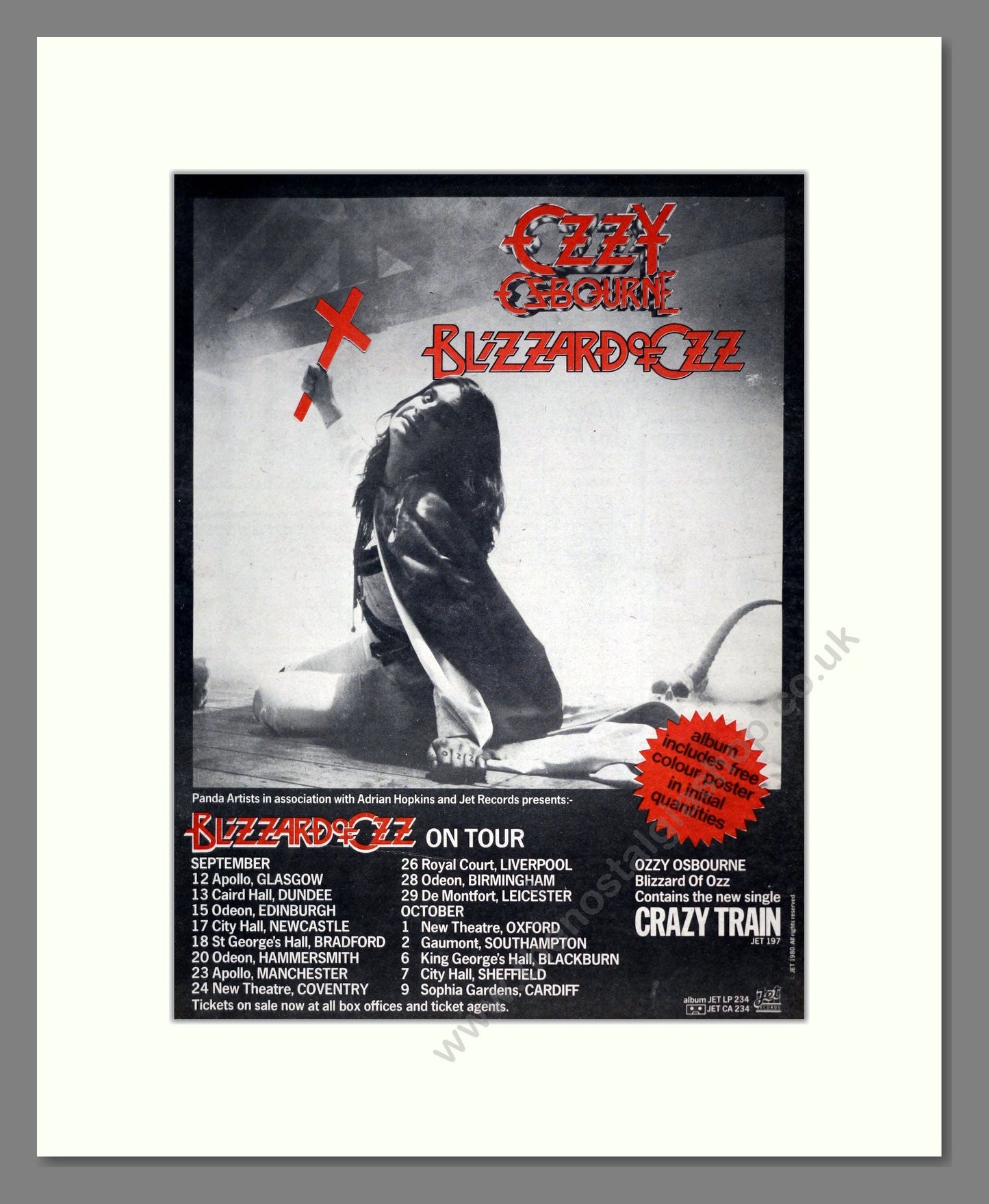 Ozzy Osbourne - Blizzard Of Ozz Tour. Vintage Advert 1980 (ref AD19153)