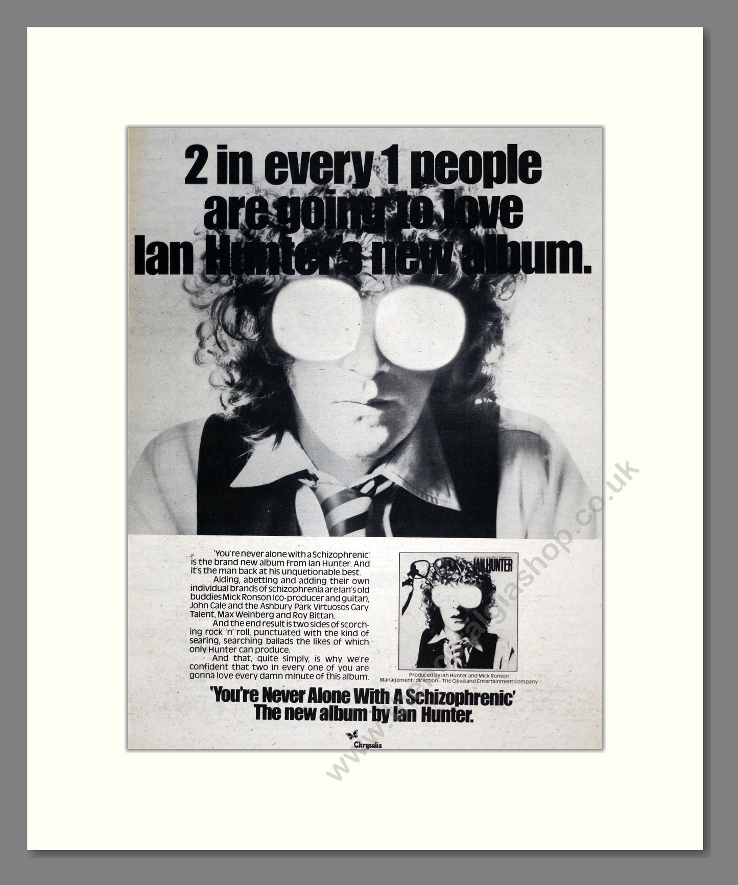 Ian Hunter - You're Never Alone With A Schizophrenic. Vintage Advert 1979 (ref AD19438)