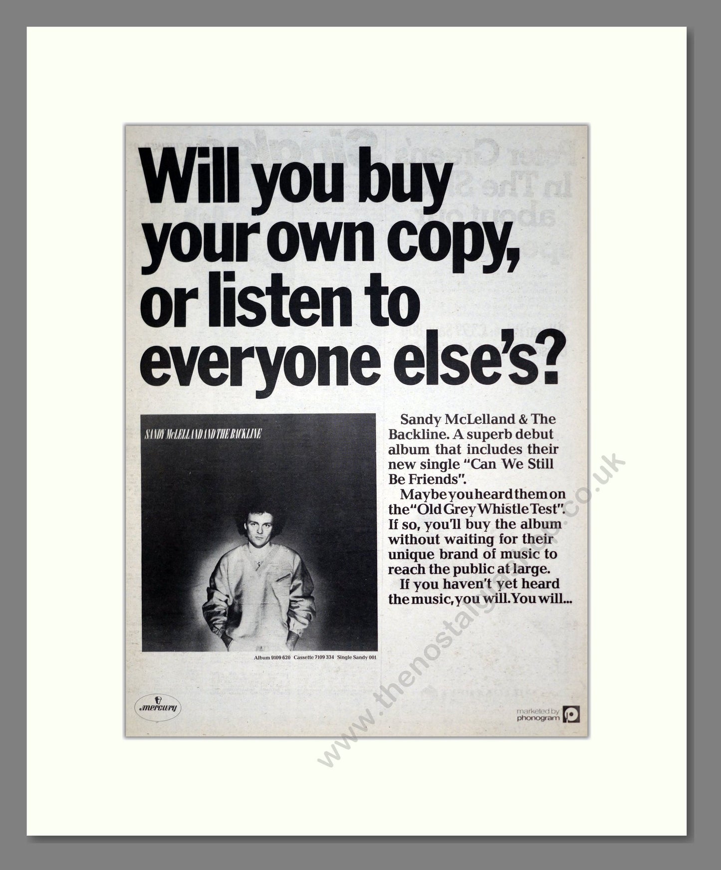 Sandy McLelland And The Backline - Debut Album. Vintage Advert 1979 (ref AD19443)