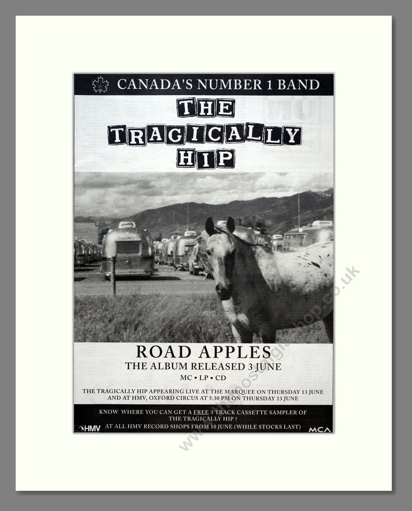 Tragically Hip (The) - Road Apples. Vintage Advert 1991 (ref AD19595)