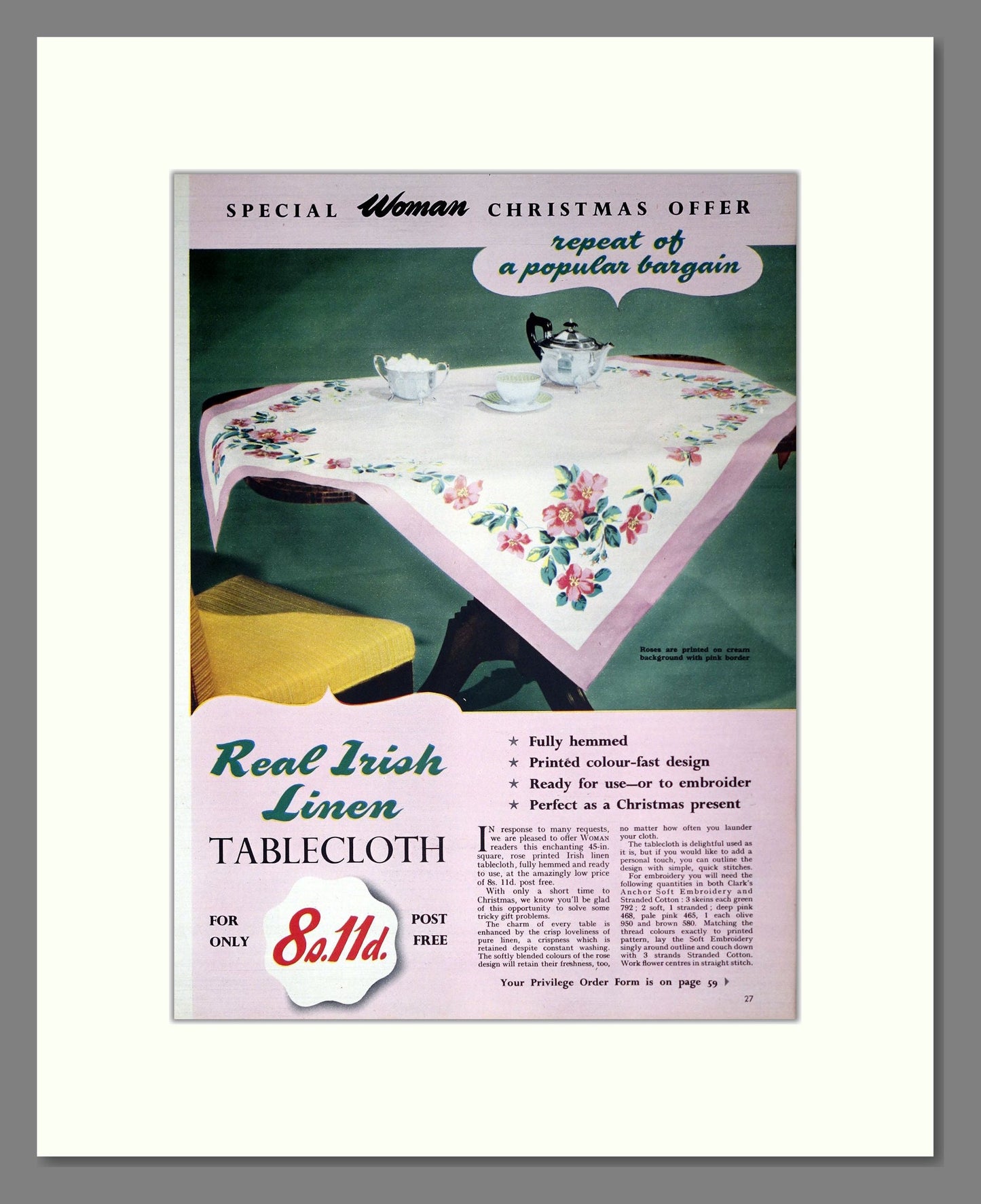 Irish Linen - Table Cloths. Vintage Advert 1957 (ref AD302328)