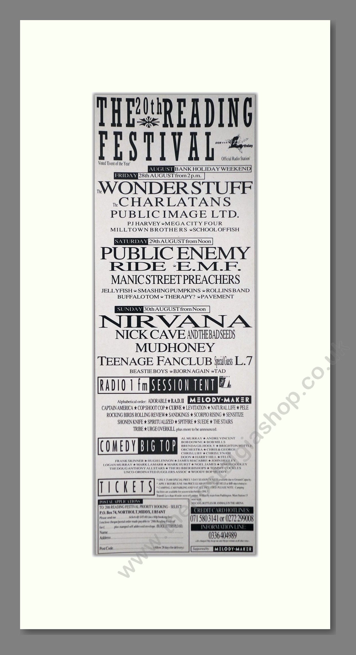 Reading Festival 92 - Line Up. Vintage Advert 1992 (ref AD400118)