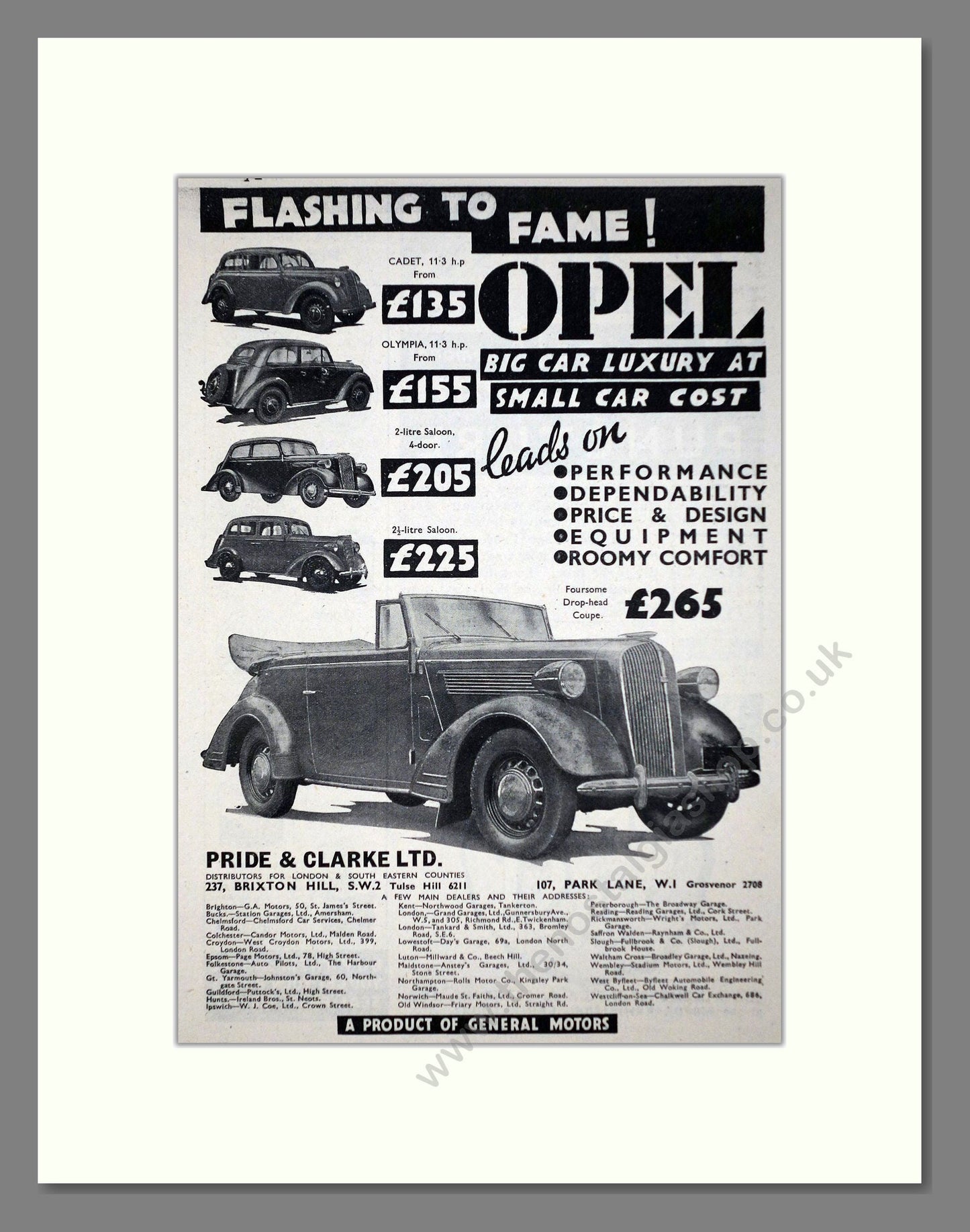 Opel - Cadet / Olympia. Vintage Advert 1937 (ref AD63640)