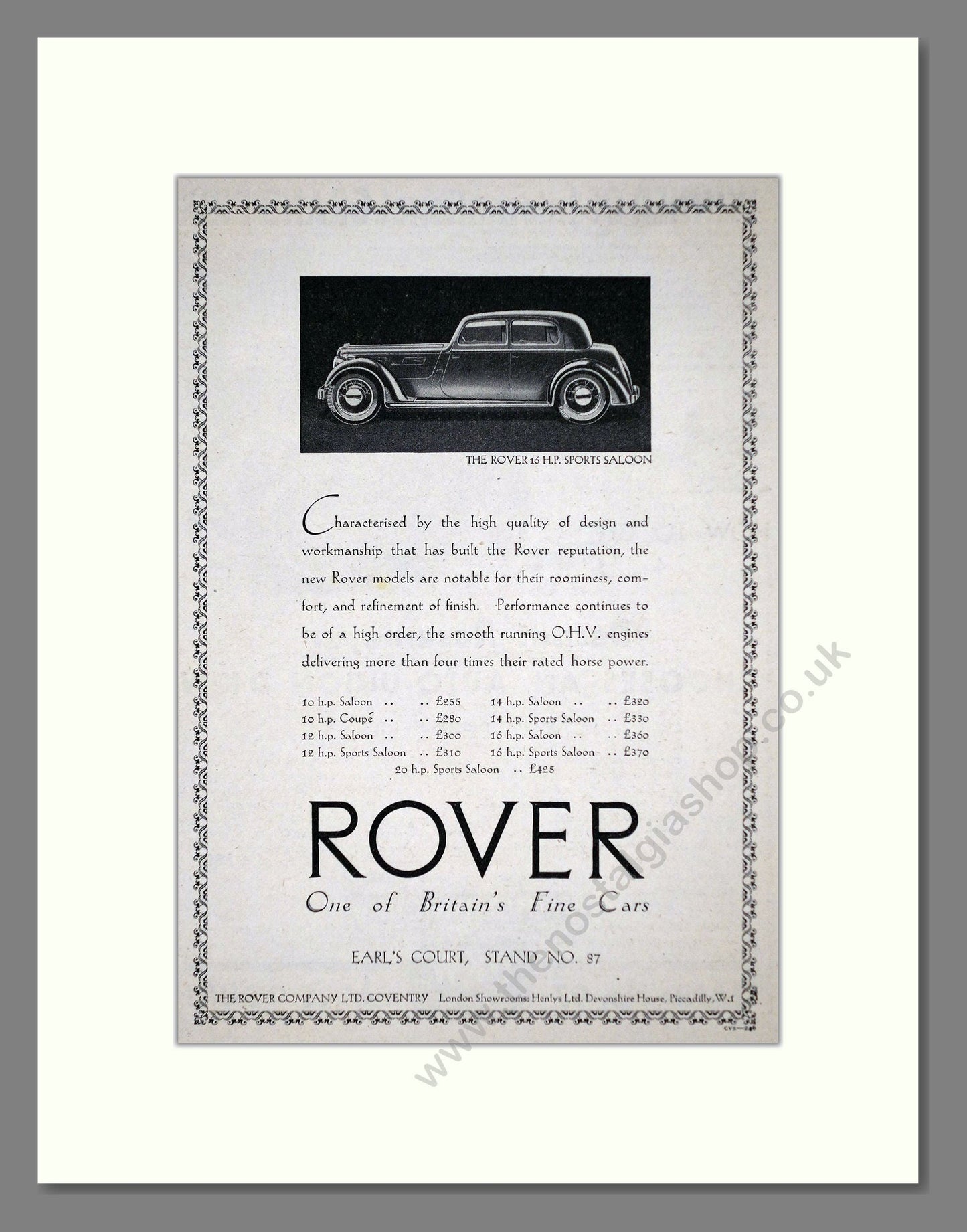 Rover - 16 HP Sports Saloon. Vintage Advert 1937 (ref AD63664)
