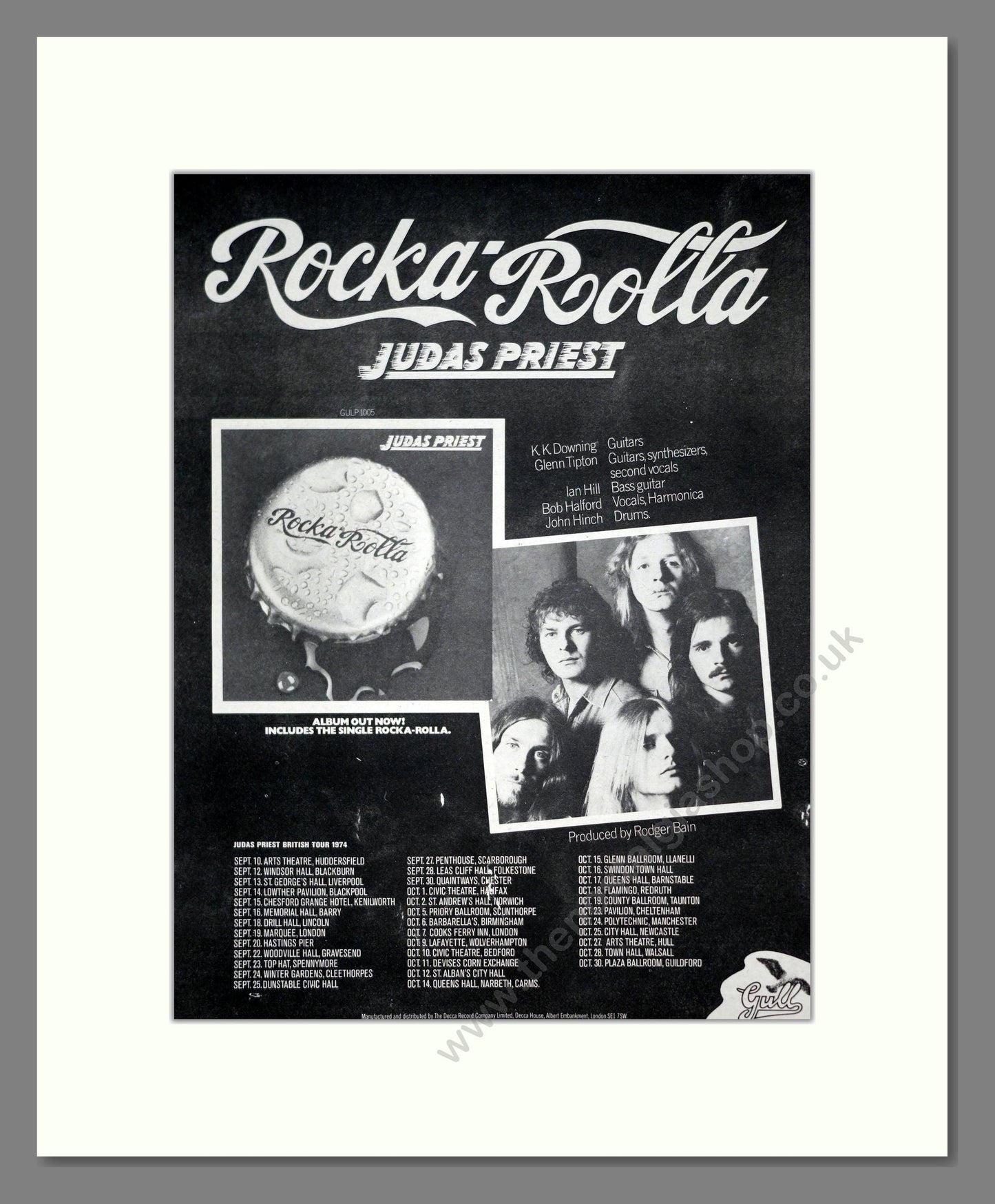 Judas Priest - Rockarolla UK Tour. Vintage Advert 1974 (ref AD20176)