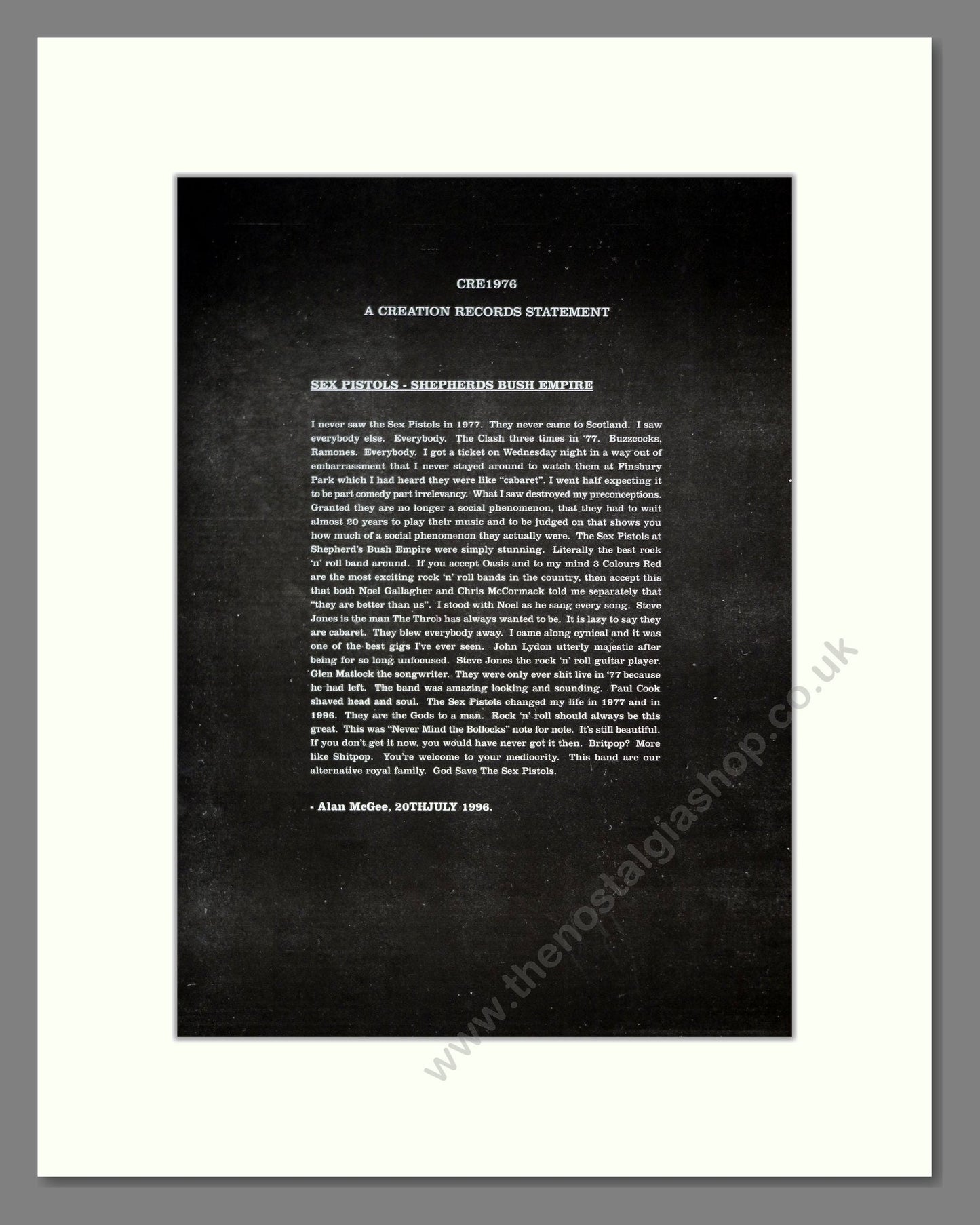 Sex Pistols - Alan McGee Statement. Vintage Advert 1996 (ref AD20217)