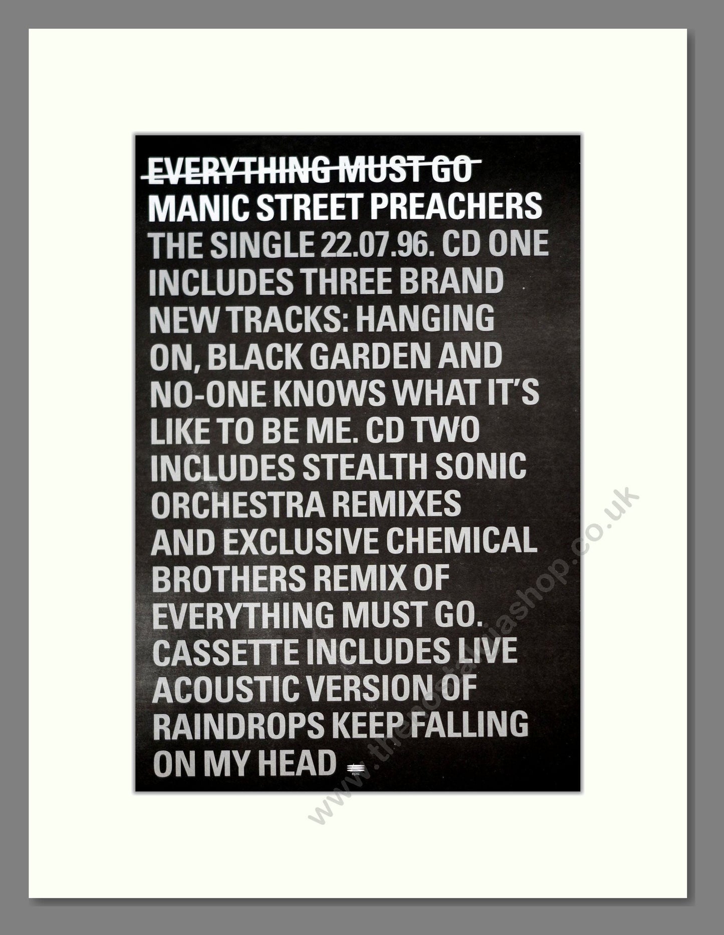 Manic Street Preachers - Everything Must Go. Vintage Advert 1996 (ref AD20219)